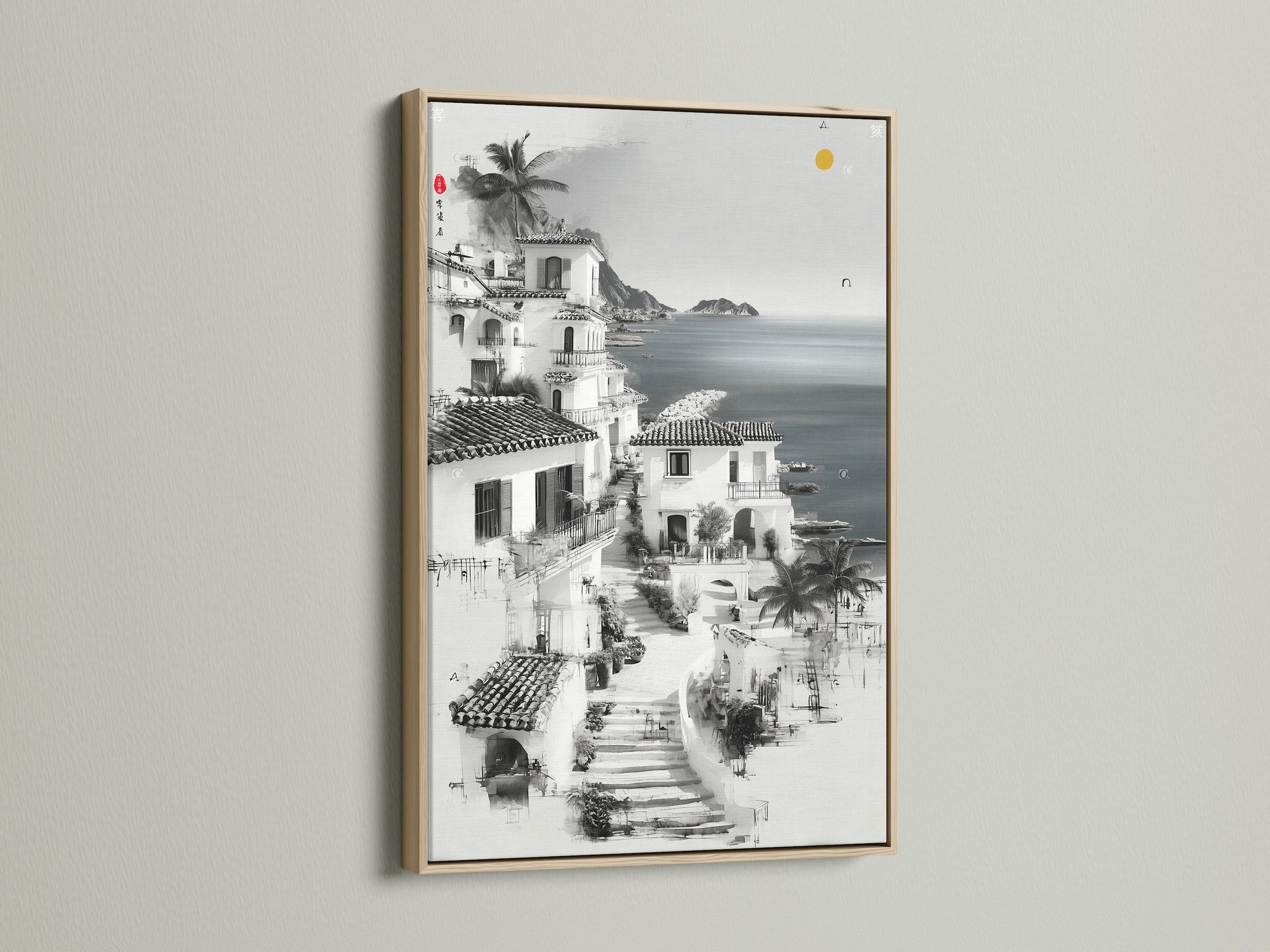 Coastal Village artwork in an oak frame. This minimalist art piece enhances any space. The black and white seascape offers a serene ocean view. Perfect for creating a calming atmosphere.