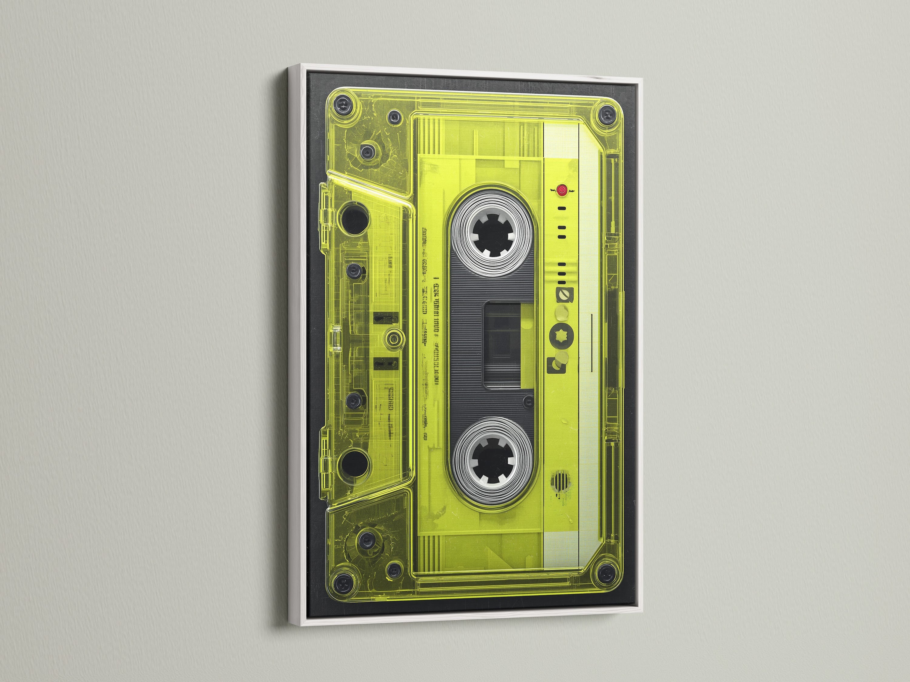 Vintage Cassette Tape artwork with a white frame. This retro music wall decor adds 80s charm. Neon green art pops in any room. Display vintage wall art with style. A great retro canvas art for music lovers.