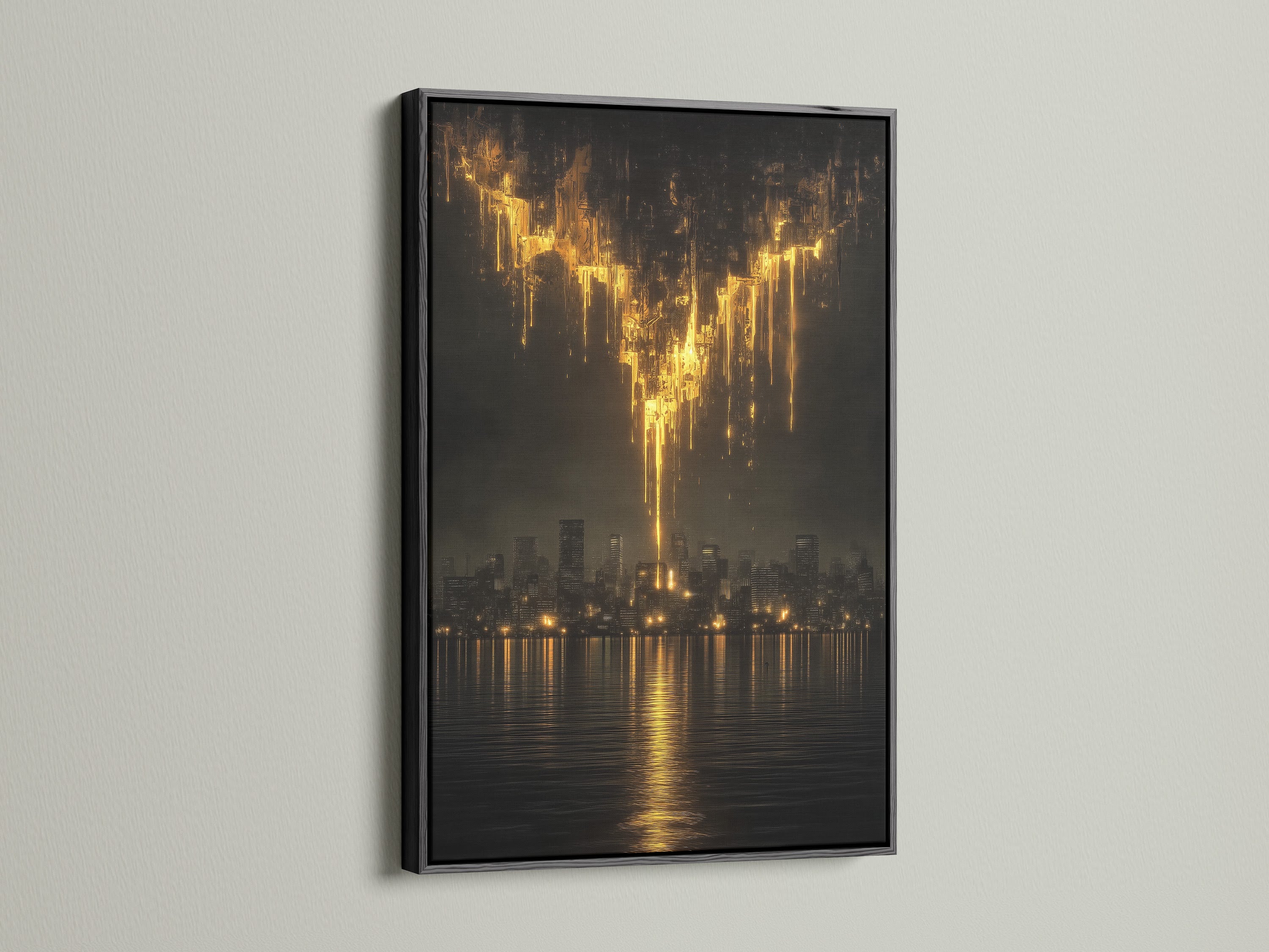 View the golden city skyline artwork in a black frame. This urban canvas print offers a bold contrast. Ideal for modern office art and dark abstract art. The abstract skyline and golden wall decor create a striking visual. Enhance your space with this moody cityscape.