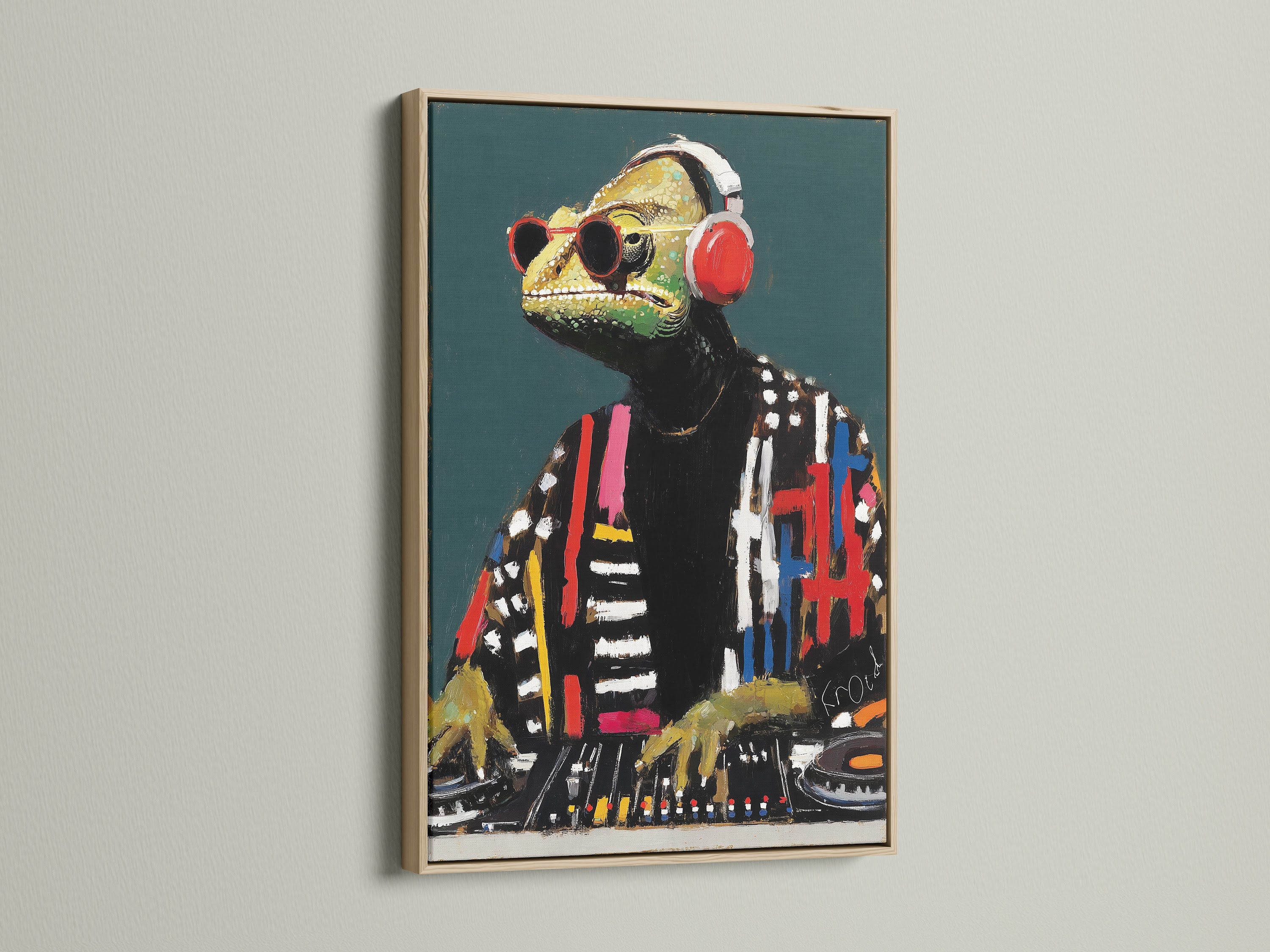 DJ Iguana art displayed in an oak frame. The cool animal art is ideal for music studio decor. This unique piece adds personality to any space. A great music lover gift with a reptile art print style.