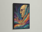A surreal portrait artwork is displayed in a black frame. The artwork features a colorful abstract face. The artwork would be great as psychedelic digital art for modern office decor. The style is contemporary. The primary color is gold and the secondary color is blue