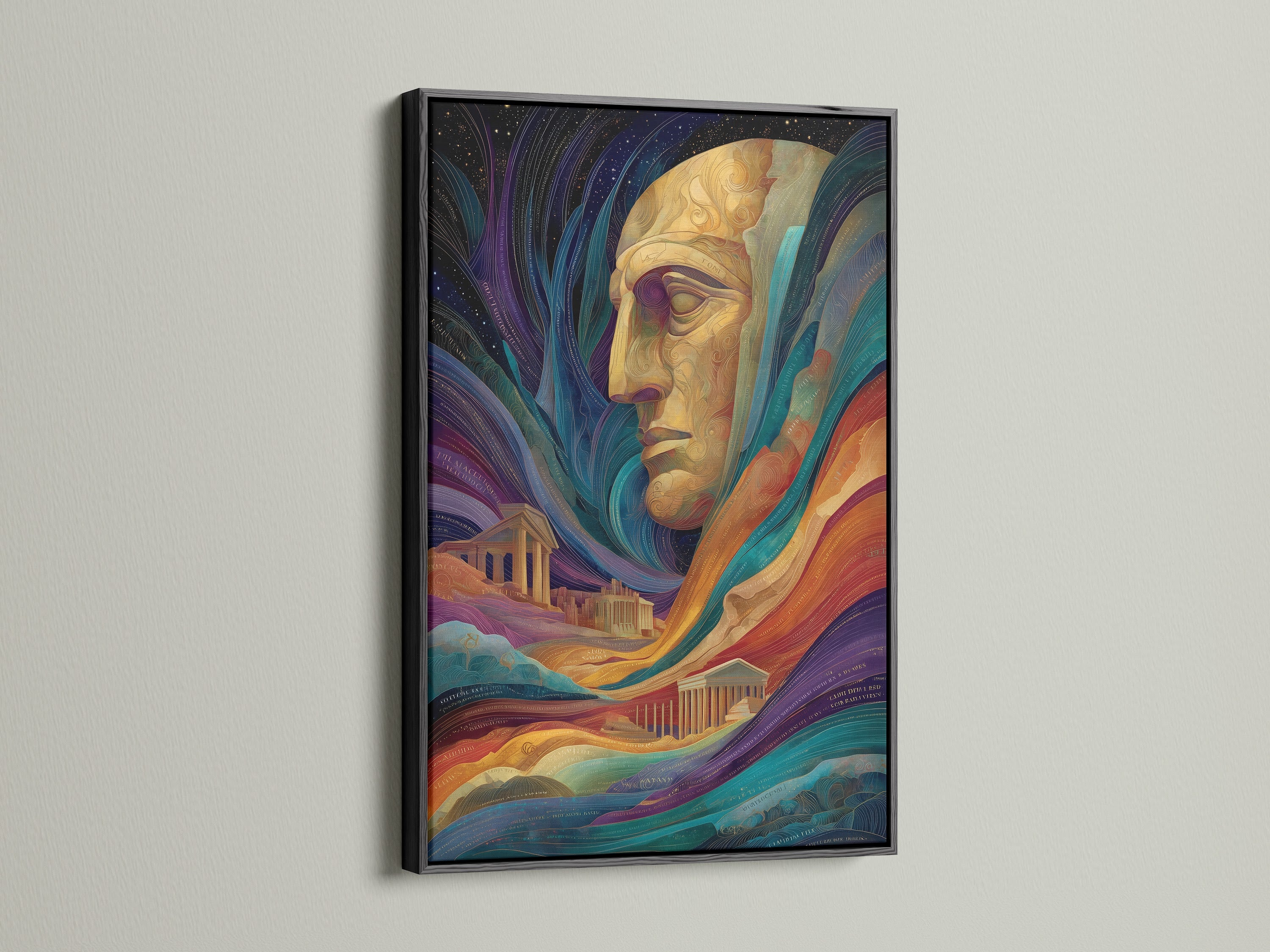 A surreal portrait artwork is displayed in a black frame. The artwork features a colorful abstract face. The artwork would be great as psychedelic digital art for modern office decor. The style is contemporary. The primary color is gold and the secondary color is blue