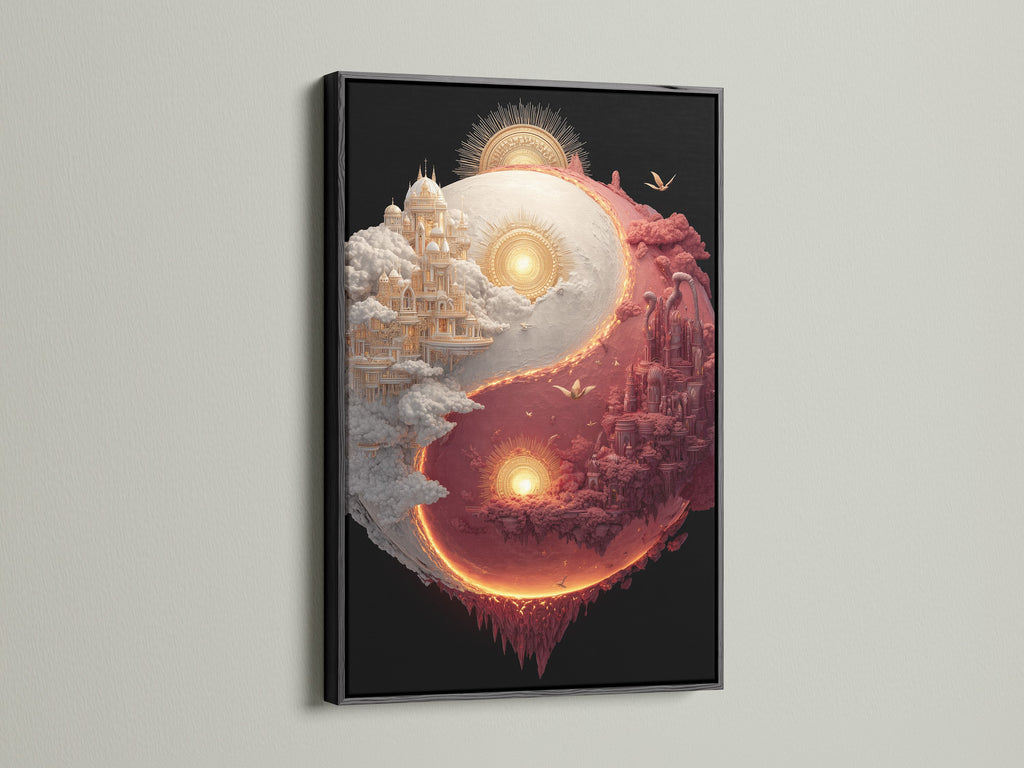 Yin and Yang art in a black frame. The artwork shows two castles. One is white and the other is red. They form a yin and yang shape. Black frames add a touch of sophistication to any artwork.