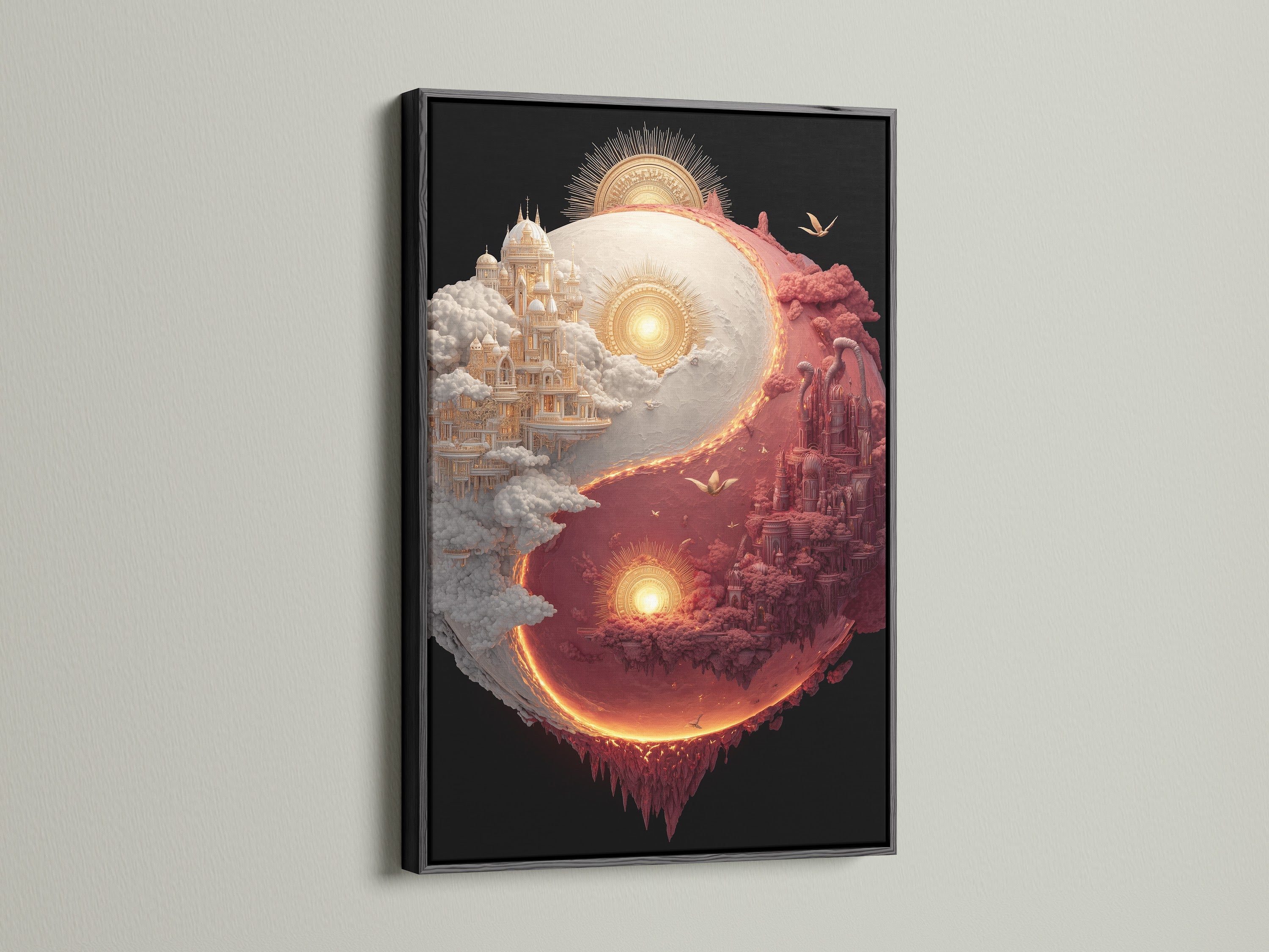 Yin and Yang art in a black frame. The artwork shows two castles. One is white and the other is red. They form a yin and yang shape. Black frames add a touch of sophistication to any artwork.