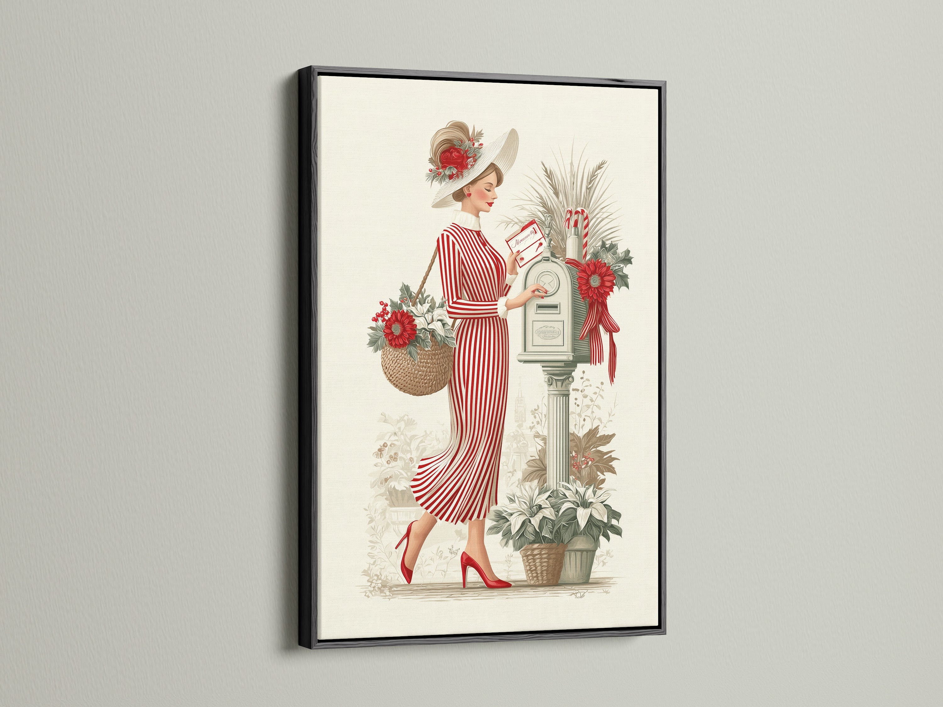 The vintage lady canvas print is presented in a black frame. The contrast enhances the artwork's classic appeal. The lady in the red striped dress adds a touch of retro fashion to any room. Shop now and elevate your home decor.
