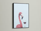 A black frame elevates this flamingo with wine artwork. This tropical bird art is suitable for a modern bar or dining space. The quirky animal artwork adds a touch of class.