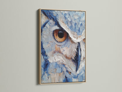 A close-up of an owl artwork within an oak frame. The frame enhances the artwork's natural tones. The painting features thick brushstrokes. It highlights the intense gaze of the owl. The artwork creates a focal point in any room.