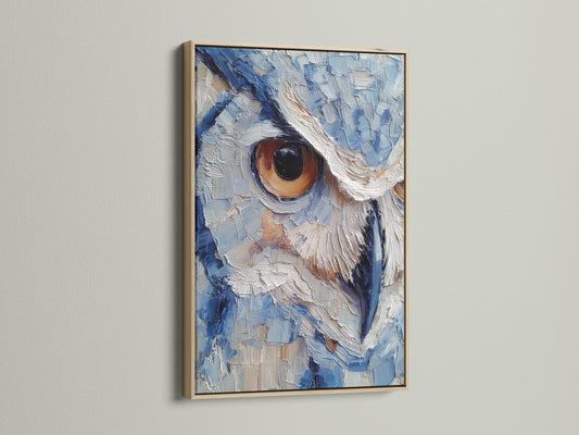 A close-up of an owl artwork within an oak frame. The frame enhances the artwork's natural tones. The painting features thick brushstrokes. It highlights the intense gaze of the owl. The artwork creates a focal point in any room.