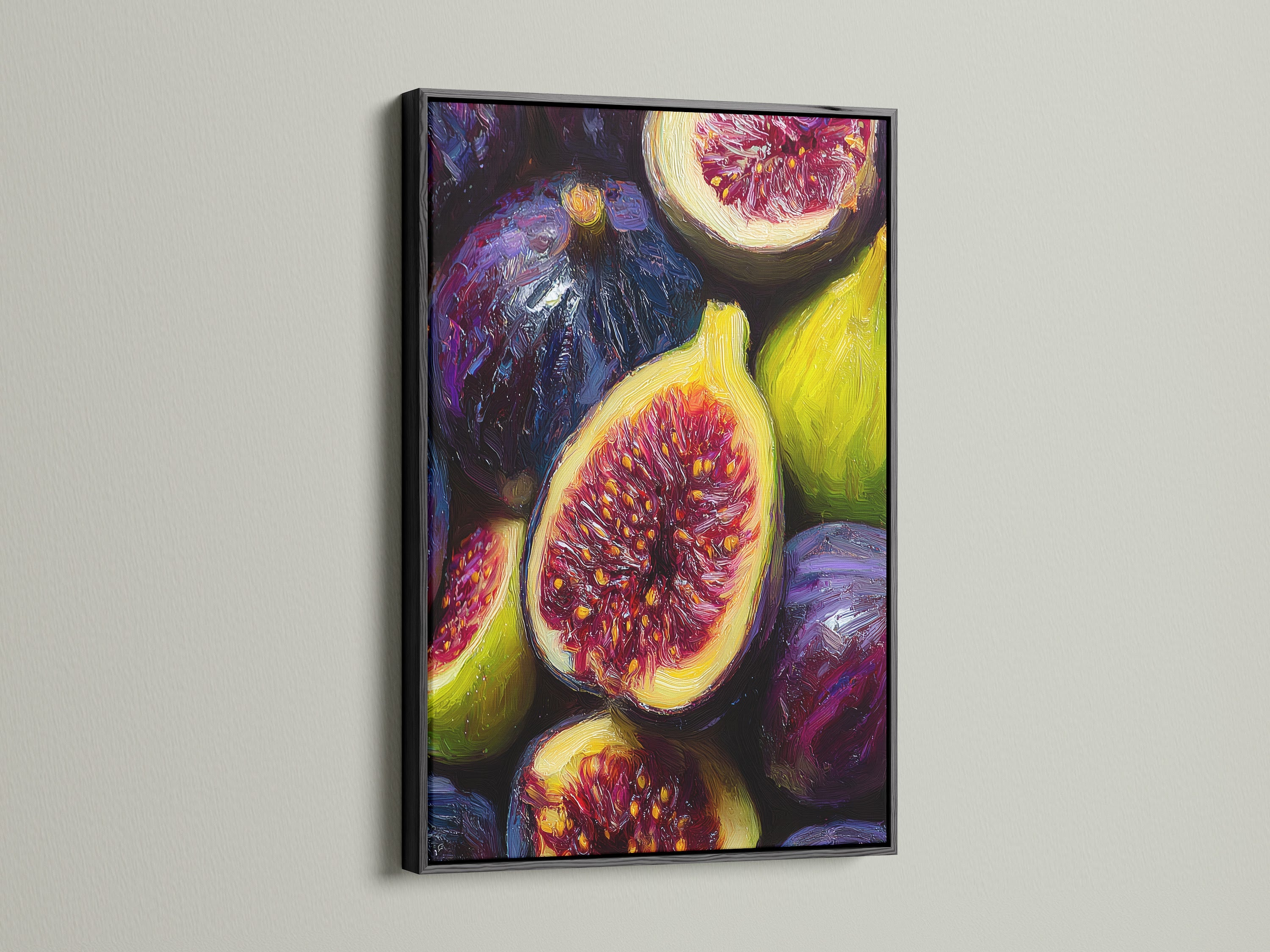 A black frame enhances this art piece. The print showcases a detailed fig still life. The black frame adds a touch of elegance. It creates a striking contrast with the wall. It makes the colors pop.