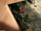 Close-up of a Tropical Waterfall canvas print in a floating frame. The artwork captures the details of the jungle paradise with a waterfall and butterflies. The floating frame gives the artwork a modern and sophisticated look. Enhance your wall decor with this unique piece. Perfect for a contemporary space.