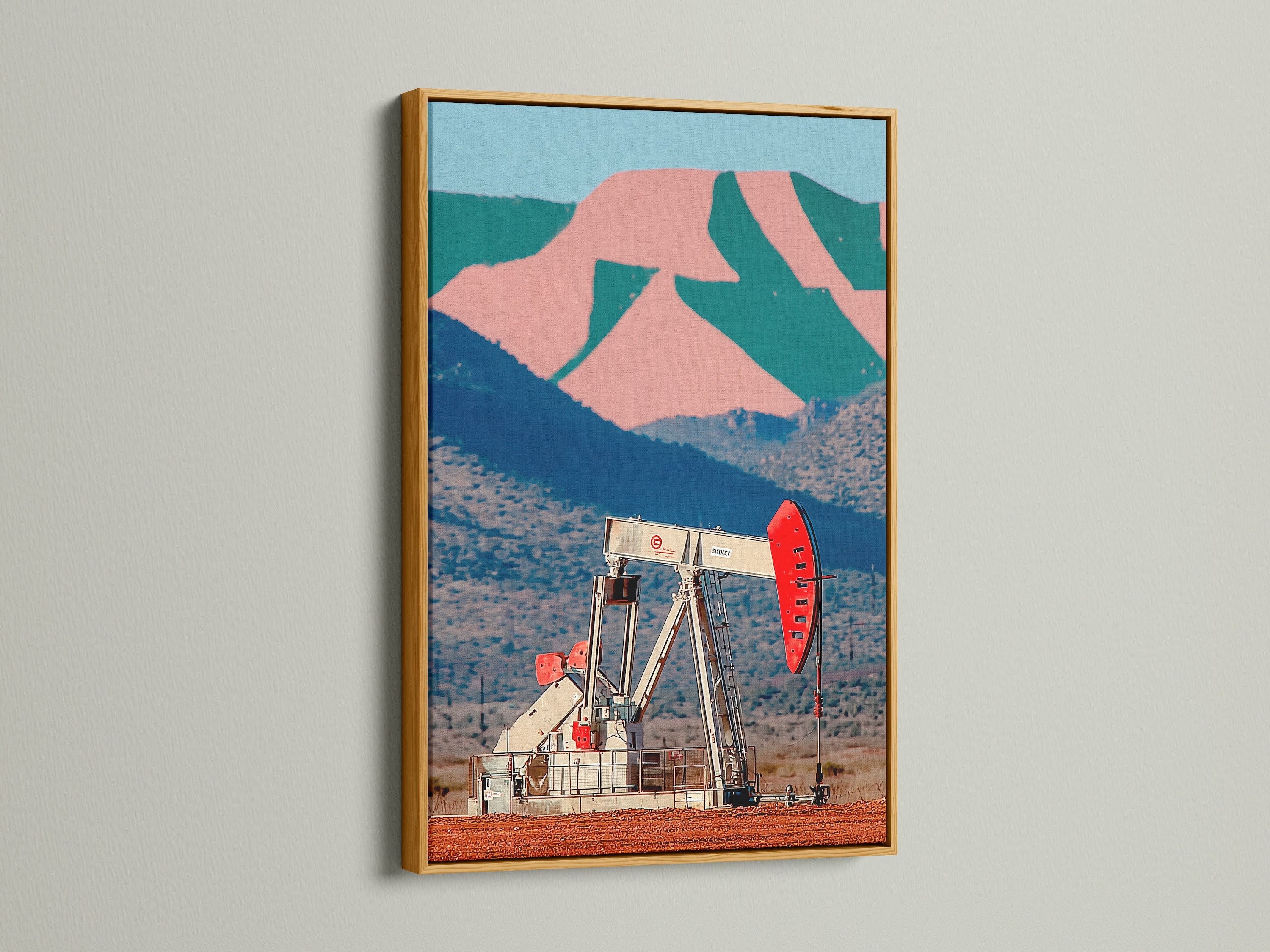 Desert oil pump retro artwork is displayed in a gold frame. The pop art canvas features an industrial landscape. Perfect for adding a vintage or Americana touch. The art is great for office wall decor or a unique accent.