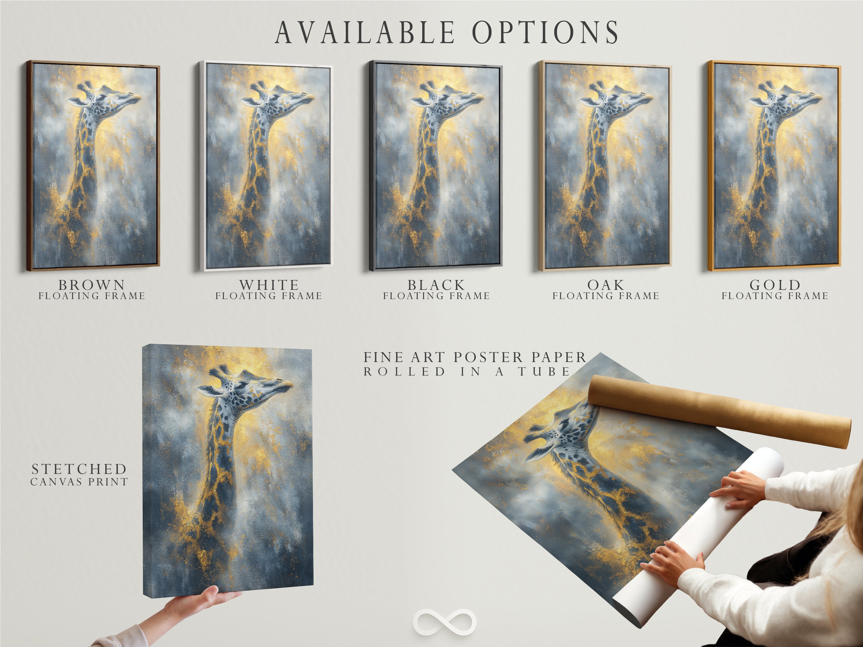 Available options for the giraffe artwork are showcased. Choose from a stretched canvas print a fine art poster paper or a floating frame. Customize your savanna print. Find the perfect style for your space.