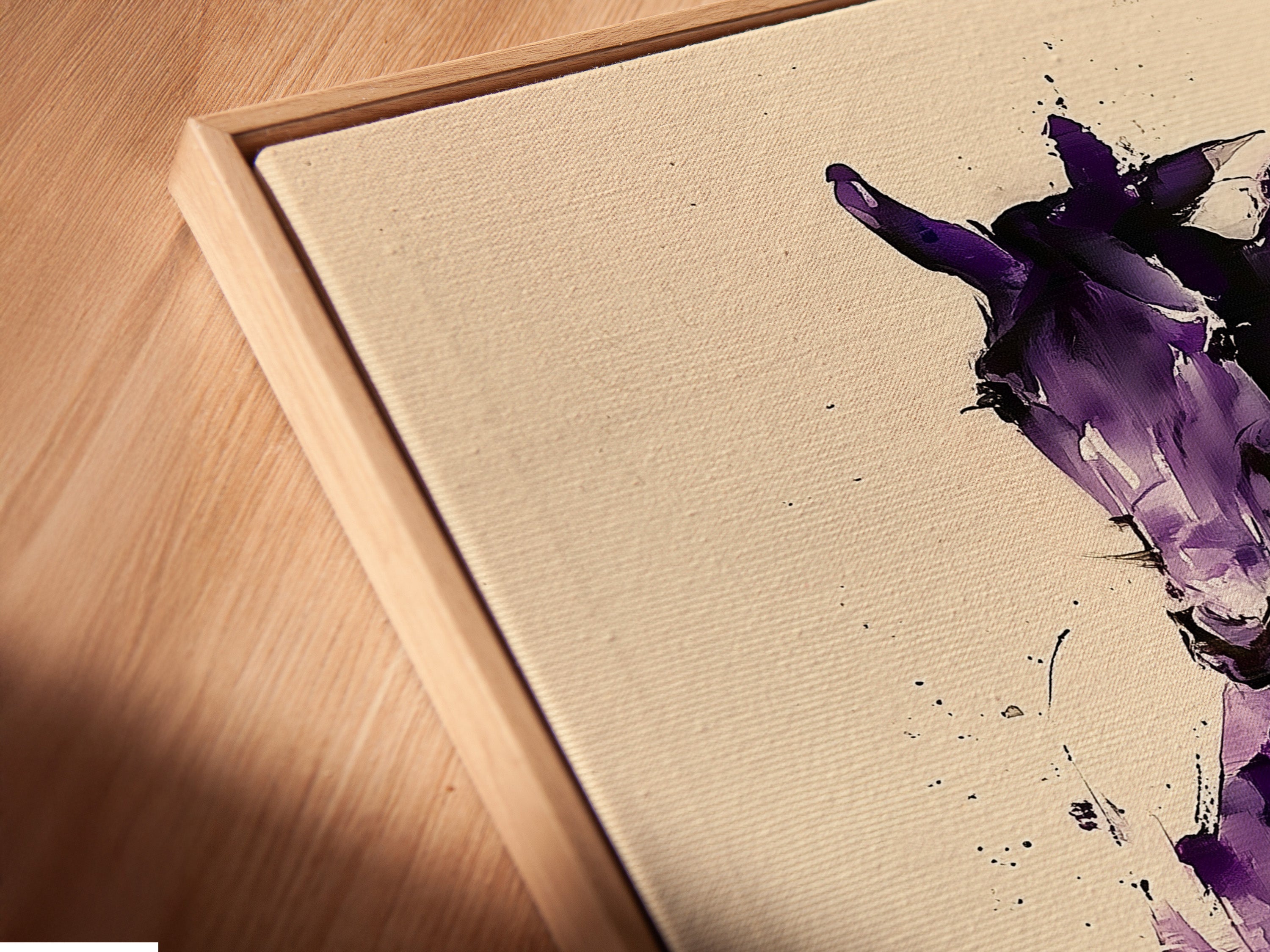 Get a close up view of canvas art in a floating frame. The frame creates a border around the canvas. It gives a gallery like appearance. Perfect for showcasing art.