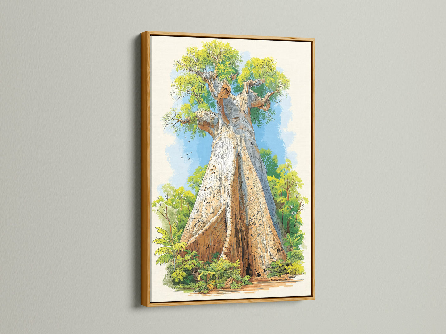 Baobab Tree artwork is gorgeously accentuated by a gold frame. The artwork is a luxurious botanical art piece. The gold frame enhances its elegance. It makes it ideal for adding a touch of opulence to living rooms bedrooms or office spaces.