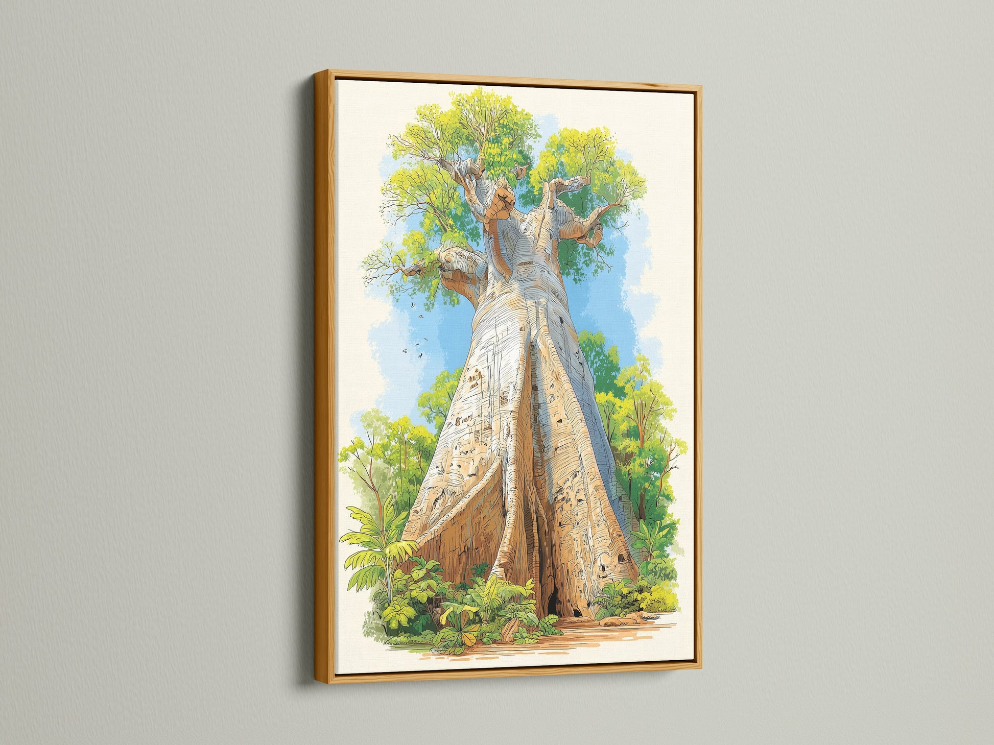 Baobab Tree artwork is gorgeously accentuated by a gold frame. The artwork is a luxurious botanical art piece. The gold frame enhances its elegance. It makes it ideal for adding a touch of opulence to living rooms bedrooms or office spaces.