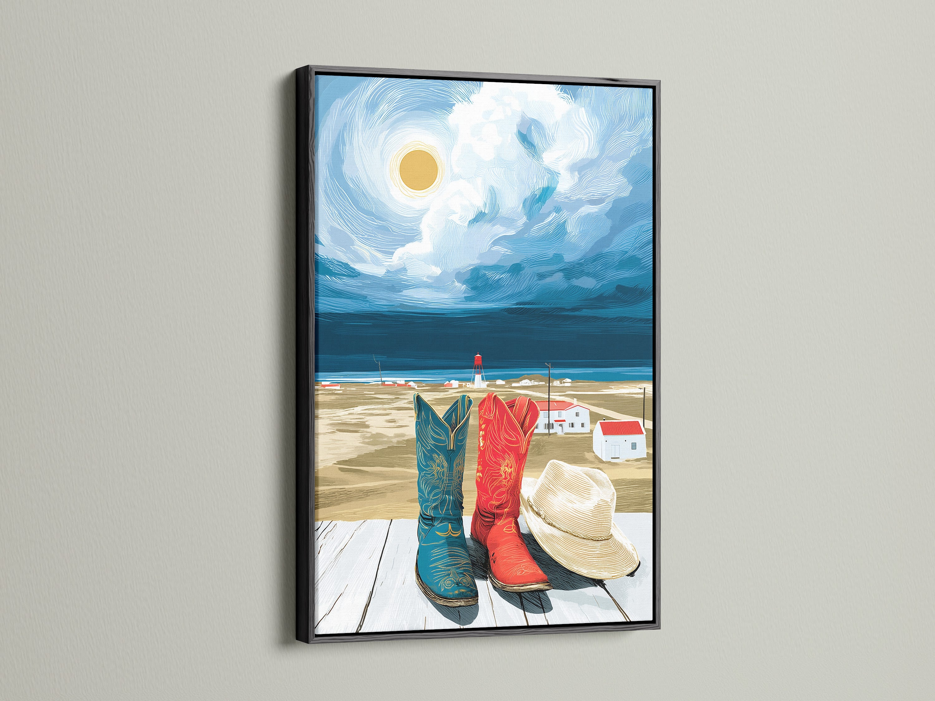 Coastal Cowboy Boots artwork in a sleek black frame. This piece of cowboy art offers a modern touch to traditional western decor. The black frame makes the colors pop. A great addition to any art collection. Explore our ocean view art.