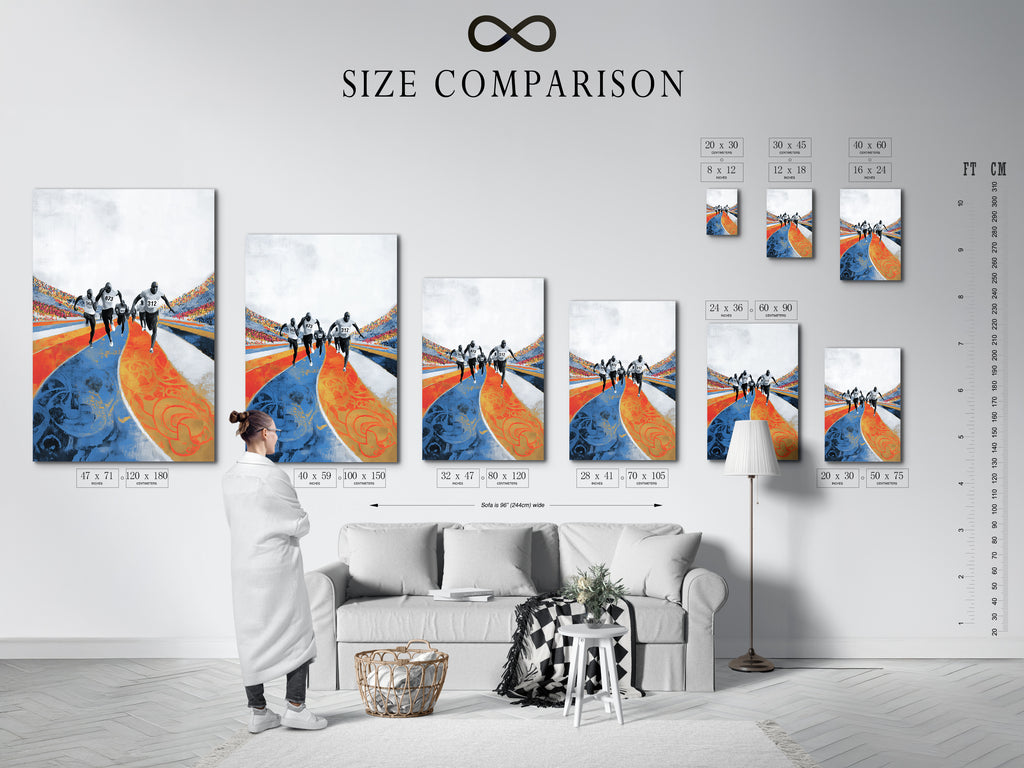 A size comparison chart is displayed in an interior setting. This helps visualize the artwork's dimensions. The marathon runners artwork can be chosen in various sizes. Perfect for planning your sports wall decor and athletic artwork arrangement.