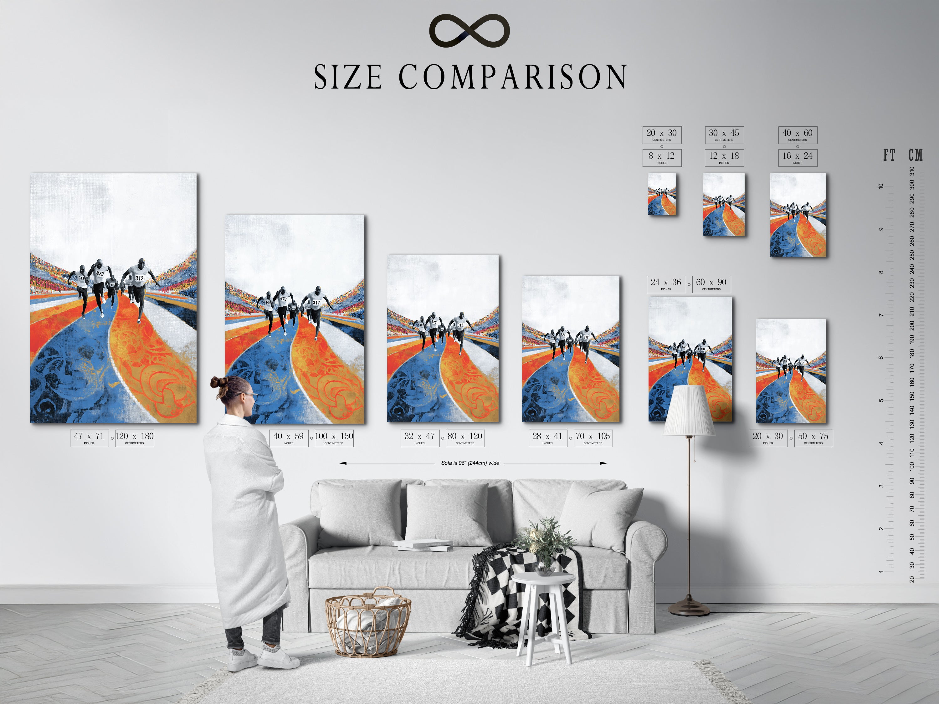 A size comparison chart is displayed in an interior setting. This helps visualize the artwork's dimensions. The marathon runners artwork can be chosen in various sizes. Perfect for planning your sports wall decor and athletic artwork arrangement.
