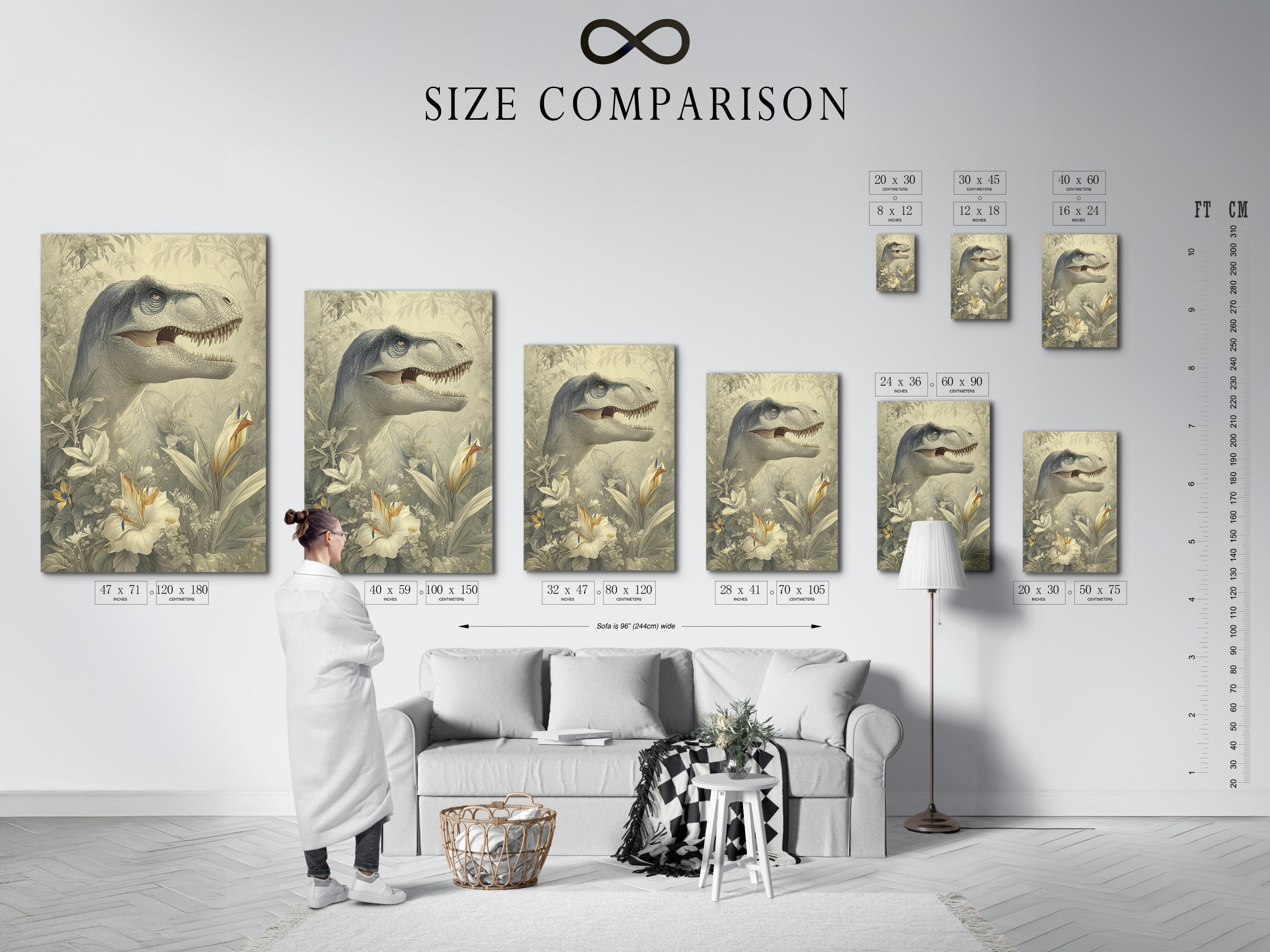 A size comparison chart displayed in an interior setting. Choose the perfect size for your space. Our art prints are available in multiple sizes. Find the ideal fit for your wall and decor needs.