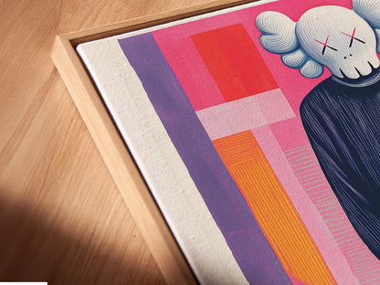 A close-up angled view shows a canvas print in a floating frame. The frame enhances the artwork's depth. The floating frame gives the art a modern look. The artwork is mounted on a white wall. The canvas texture adds to the artwork's visual appeal.