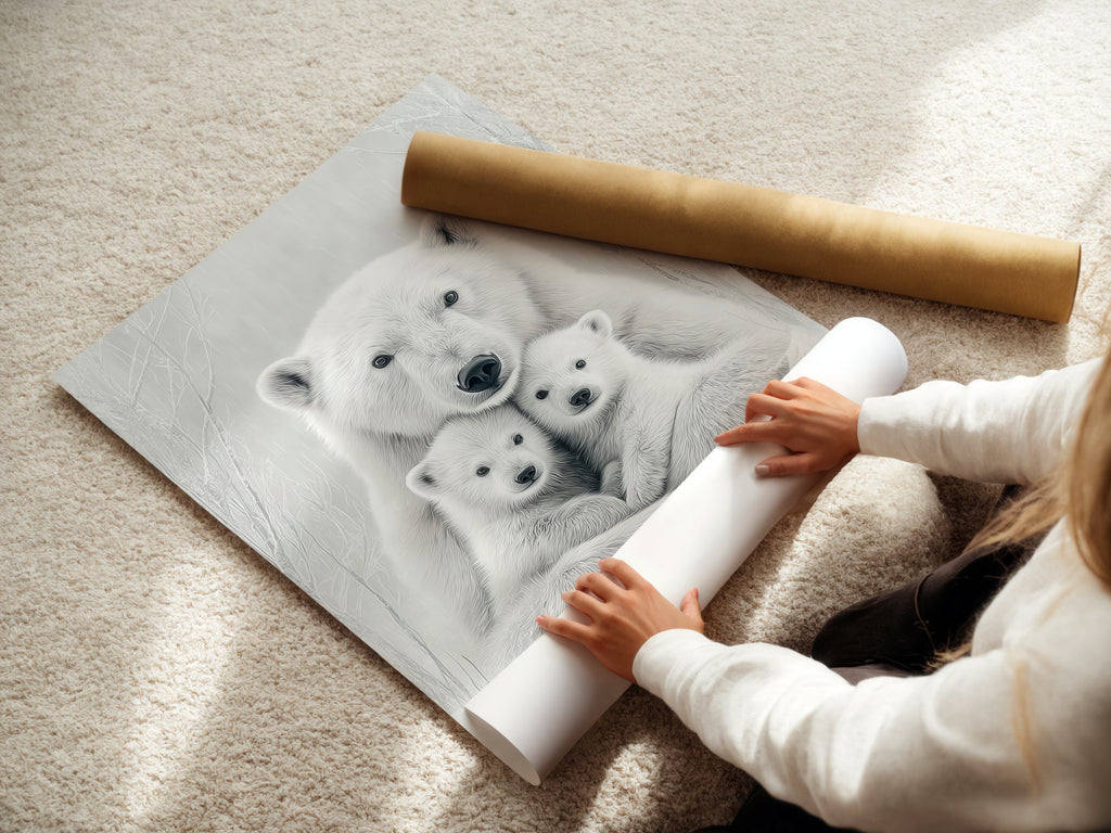 A woman is carefully rolling a fine art poster paper of a polar bear family artwork. This ensures safe delivery of your wildlife wall art. The monochrome animal canvas is ready to be framed.