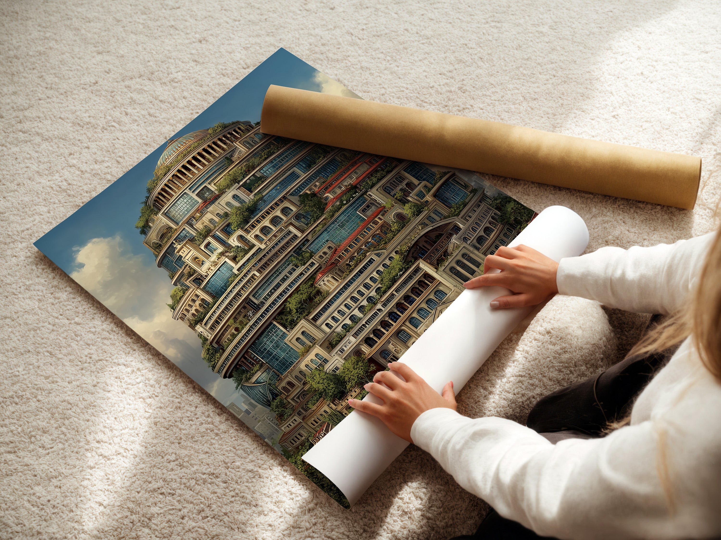 A woman carefully rolls a fine art poster paper print. This fantasy architecture print is ready for framing. The surreal tower artwork is perfect for wall art. The primary color is brown. The secondary color is green. This is ideal for art collectors.