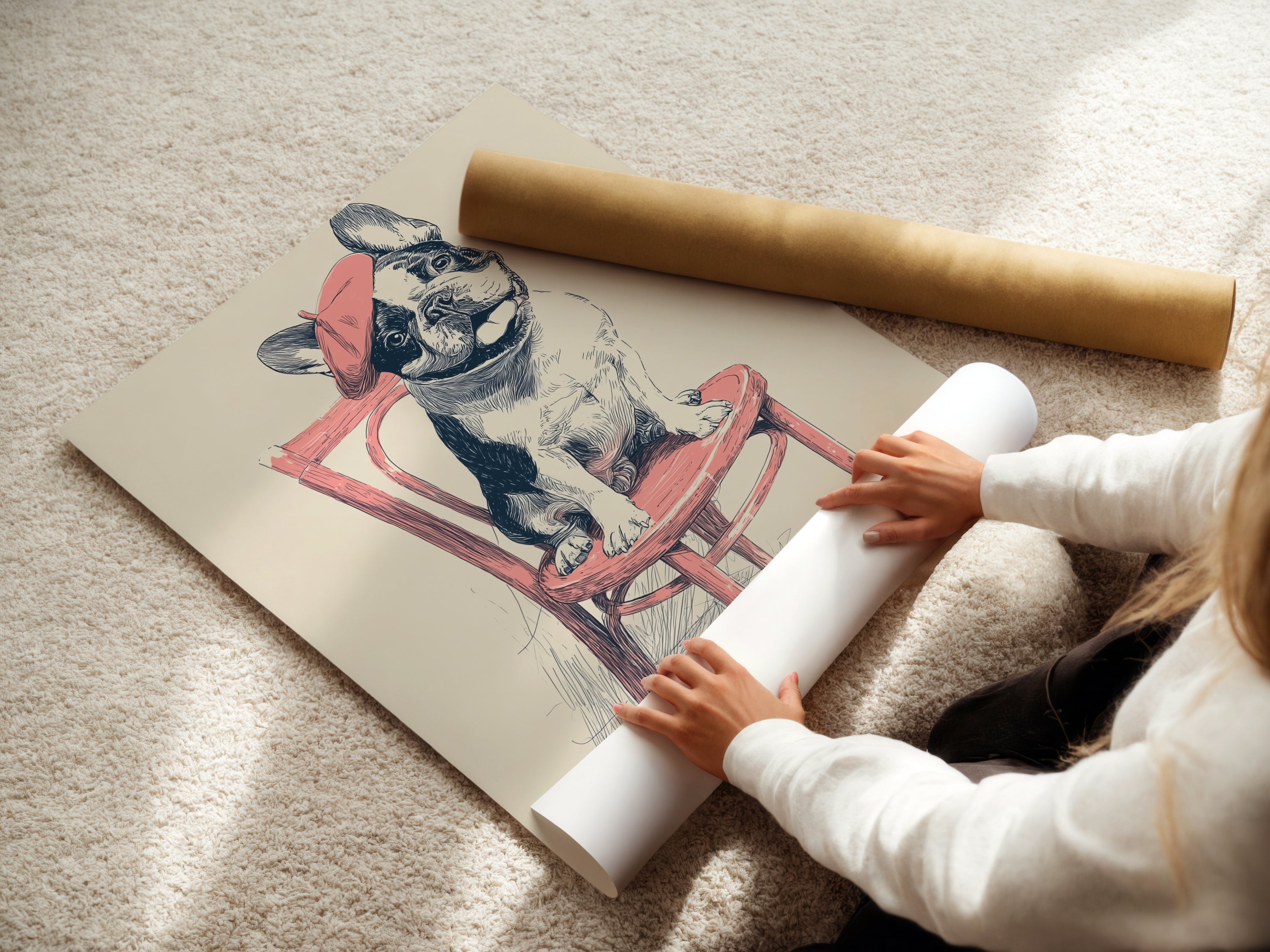 A woman rolls a fine art poster paper. Demonstrating the care taken in handling the art. Highlighting the quality of the fine art poster paper. Shows the preparation for framing or displaying the artwork. Perfect for art enthusiasts.