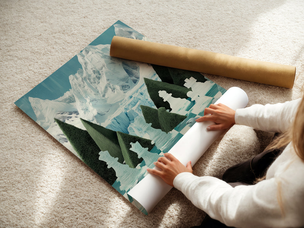 A woman is carefully rolling a fine art poster paper print. The Chess Arctic Canvas Print will soon be a poster. This method protects the artwork. It ensures safe shipping and handling. Perfect for receiving your chess art in pristine condition. Enjoy this unique polar bear artwork.
