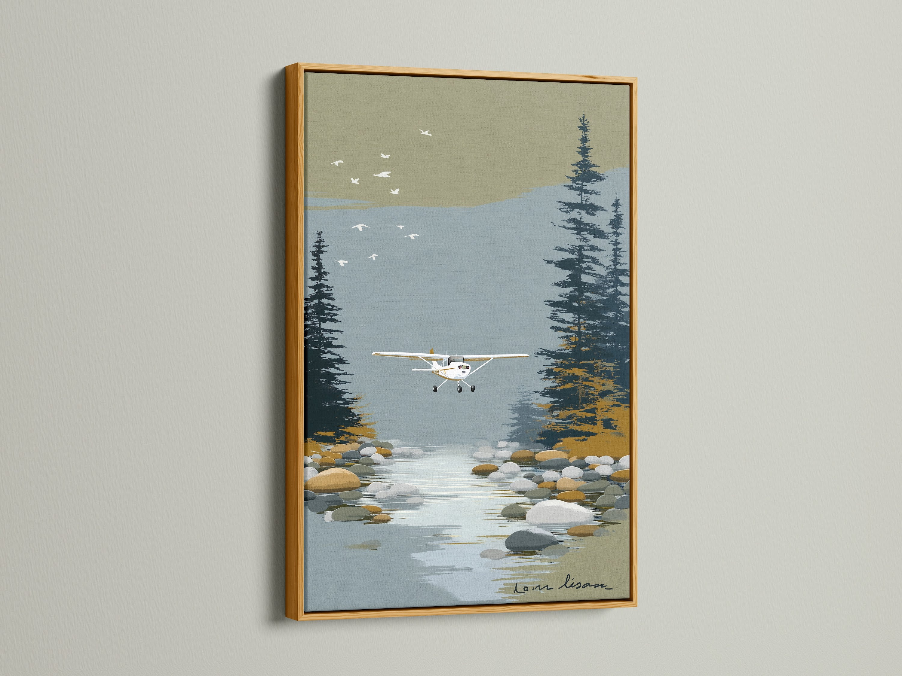 Vintage airplane poster in an elegant gold frame. This seaplane canvas print adds a touch of sophistication. Perfect as office wall art or lake art. Find the perfect pilot gift with our aviation decor. Transform your cabin decor.
