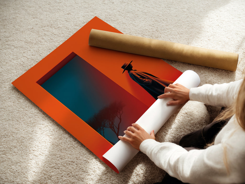 A woman is carefully rolling a fine art poster paper. It's a Western Cowboy design with a retro desert scene. The orange and teal colors are eye-catching. This poster art is perfect for any Western enthusiast.