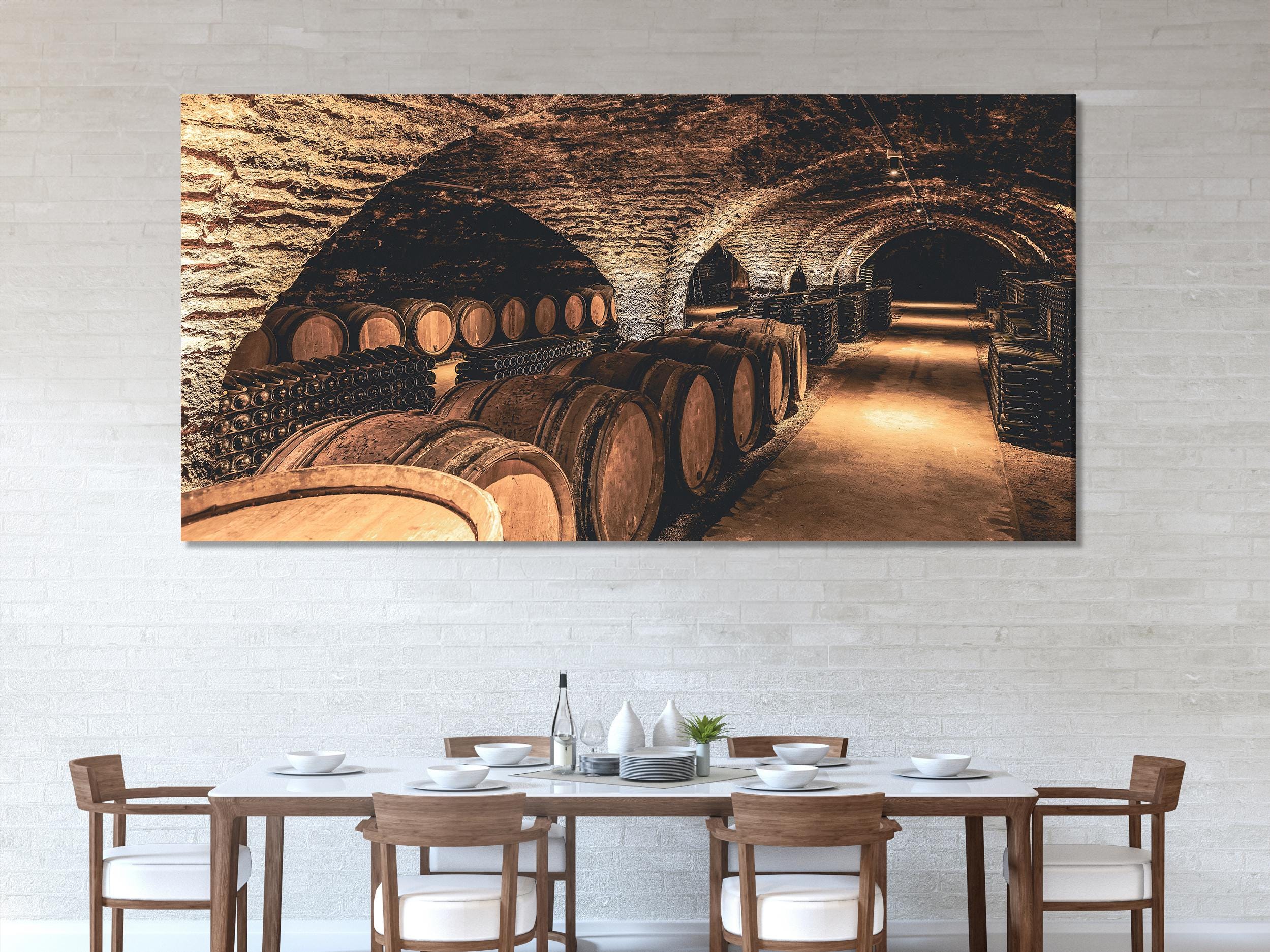 Wine Cellar Canvas Print, Rustic Barrel Wall Art, Vintage Winery Decor, Large 3 Panel Wine Artwork, Vineyard Cellar Landscape Canvas Print