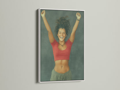 Euphoric Woman art in a white frame. This ecstatic woman portrait is perfect for upbeat decor.  Joyful print for positive vibes. A great addition to any teen lounge or creative studio.  Cheerful and modern wall art.