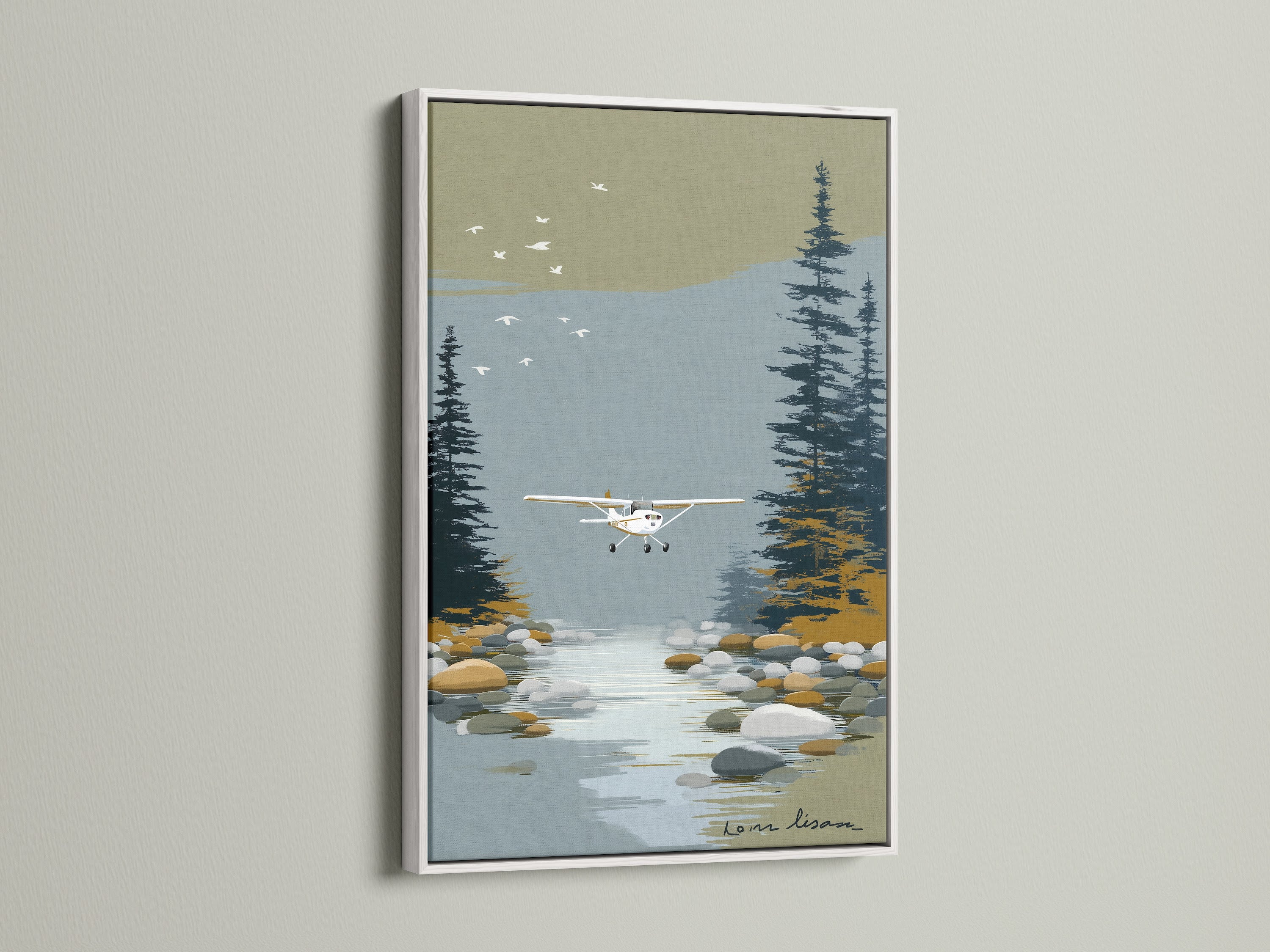 Seaplane artwork displayed in a clean white frame. The vintage airplane poster brings a touch of nostalgia. Perfect for cabin decor or a pilot gift. See how this aviation wall art enhances your space. Check out our lake wall art.