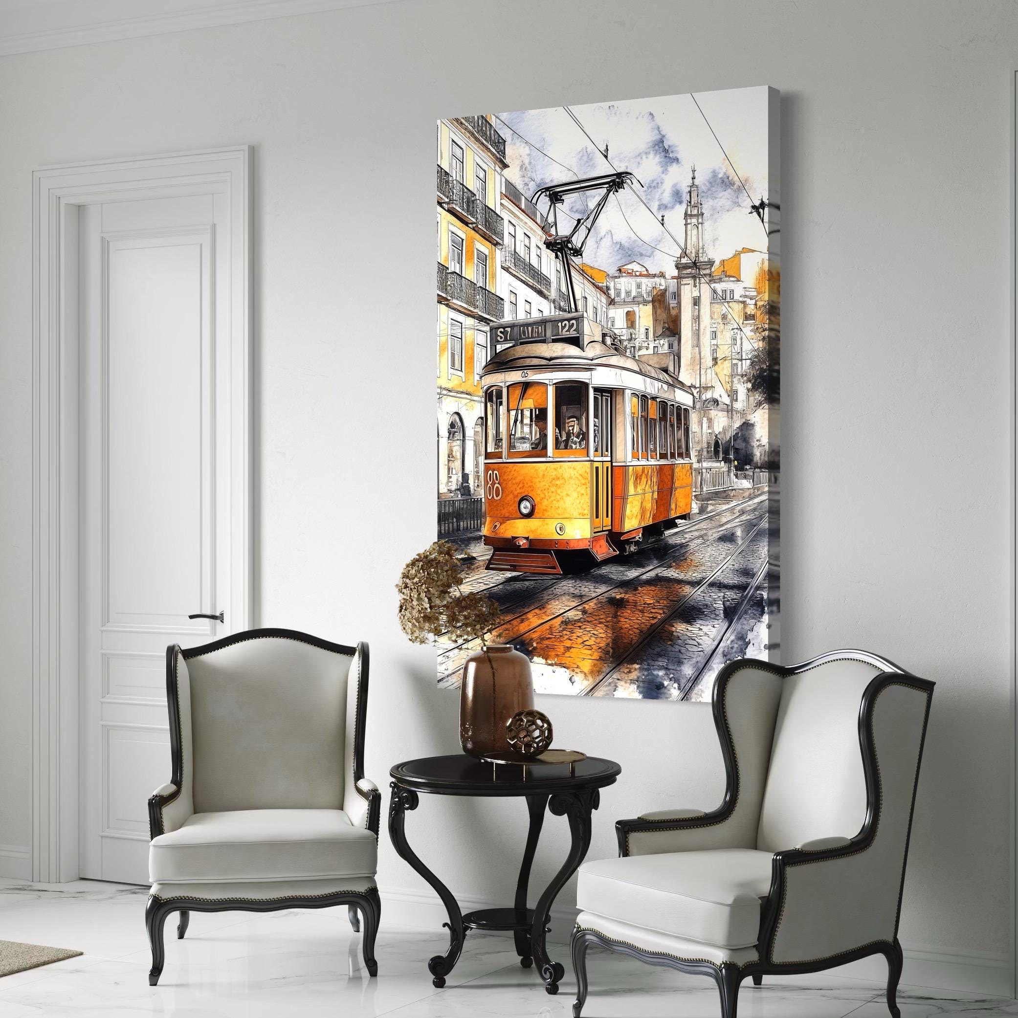 Tram de Lisbonne - Impression aquarelle, Paysage urbain portugais sur toile, Impression sur toile d'un tram jaune, Décoration murale de Lisbonne, Œuvre d'art lisboète