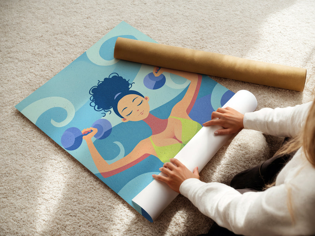 A woman is rolling a fine art poster paper. This paper displays fitness woman artwork. It is motivational gym wall art. The workout illustration is perfect for home gym decor. This artwork embodies strength training.