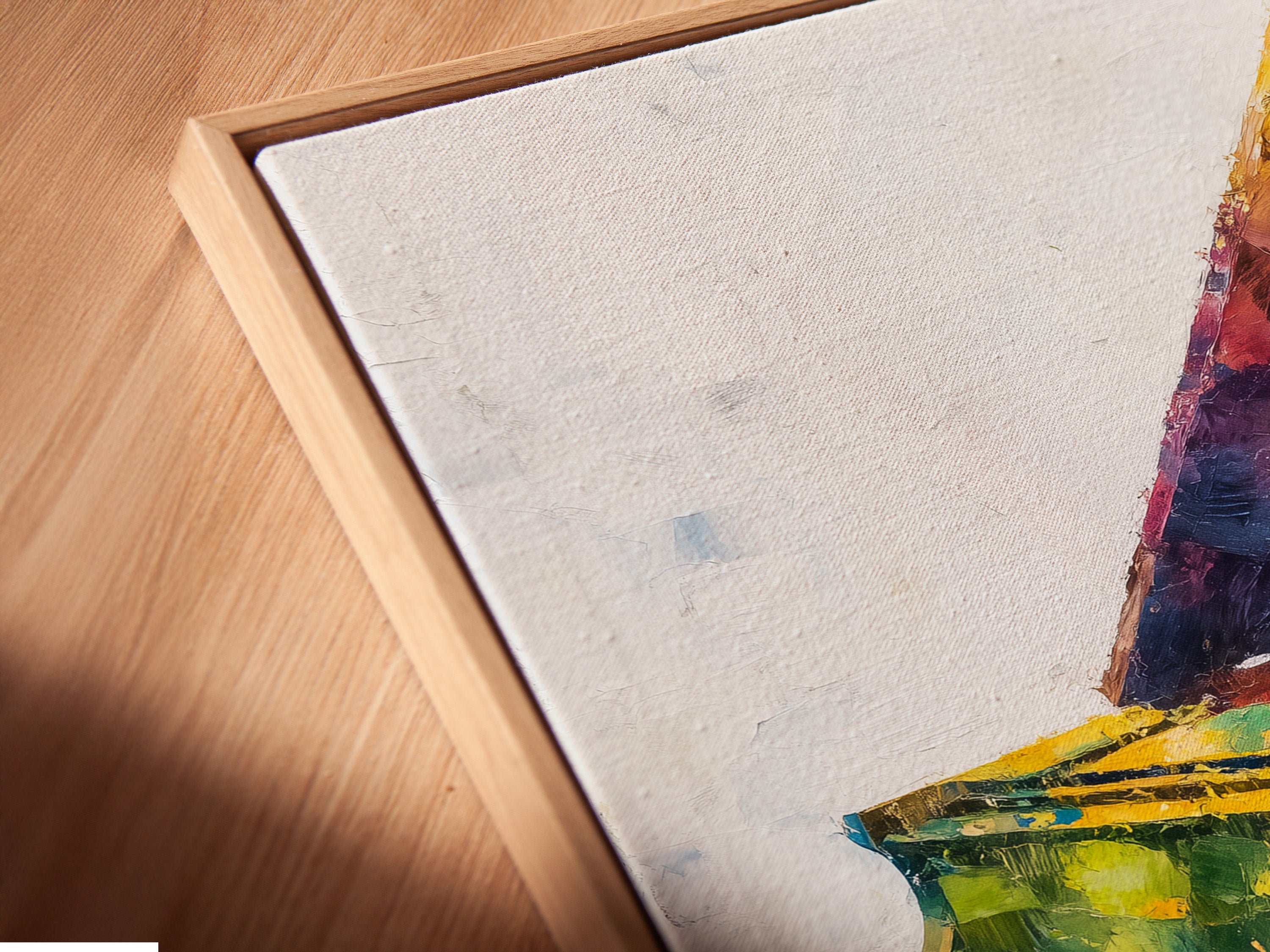 A close-up showcases a canvas print in a floating frame. The colorful piano artwork is an abstract piece. It enhances music room decor with vibrant colors. Perfect as a musician gift or studio art. The grand piano print adds sophistication.