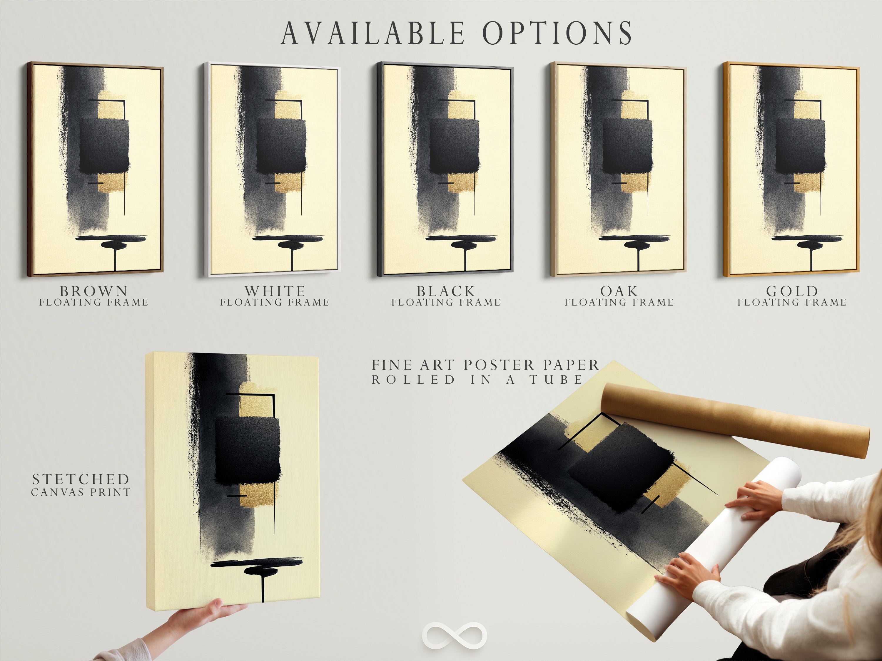 Available options for Abstract Shapes contemporary art. Choose from stretched canvas prints fine art poster paper or floating frames. This modern geometric artwork features beige and black colors. Customize your artwork to match your style. Perfect for office wall decor or modern home art. Explore the possibilities today.