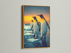 Penguin wall art in a gold frame. The gold frame accentuates the sunset colors. This arctic animal art creates a luxurious feel. Perfect for unique nature wall art.