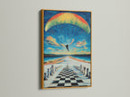 This striking chess skydiving artwork is displayed in a gold frame. The metallic accent adds a touch of luxury to the surreal chessboard scene. Perfect for homeowners looking for unique wall art with a modern twist.