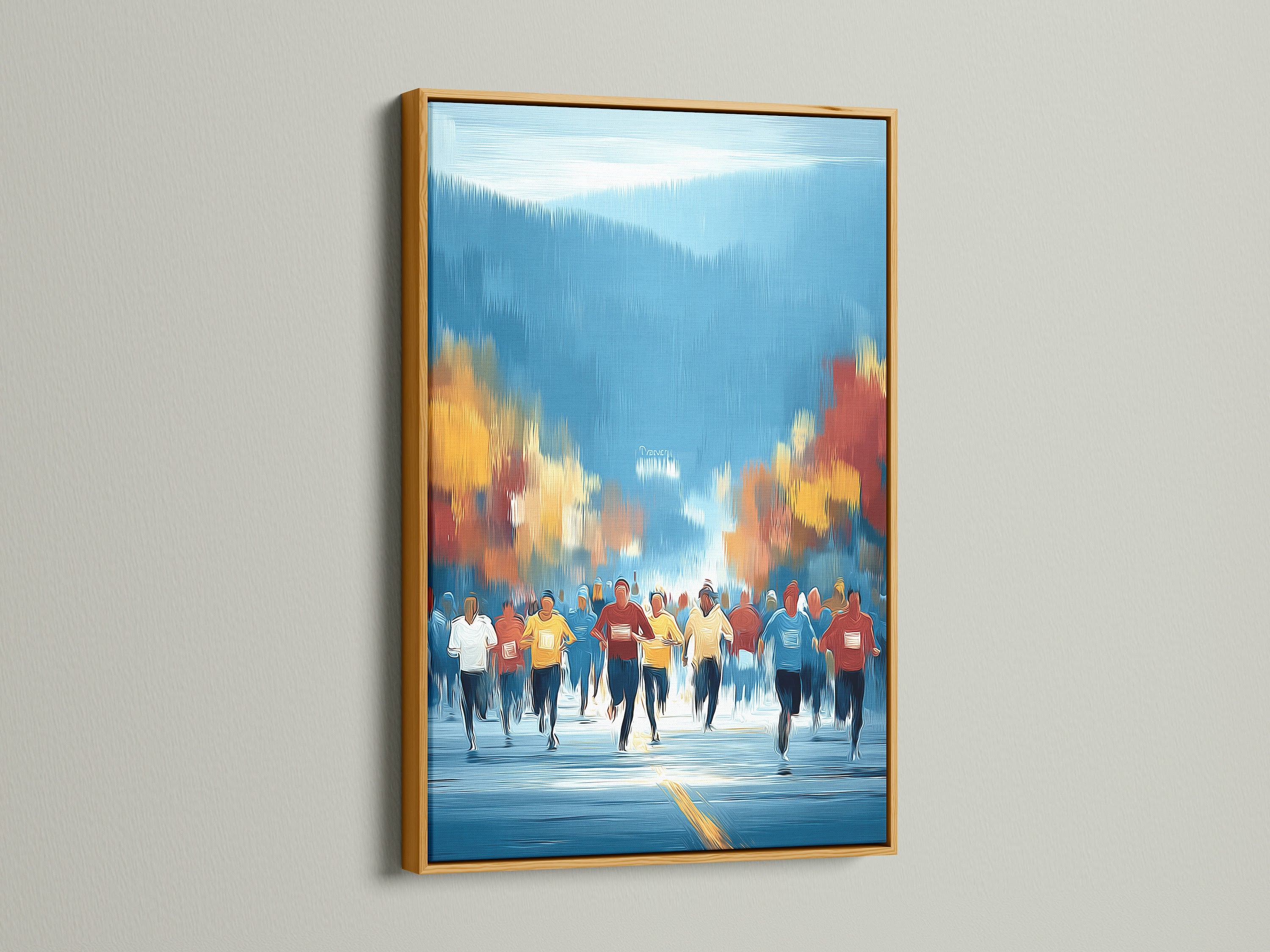 Framed marathon runners artwork with a gold frame. This sports artwork brings a touch of elegance to any space. The artwork shows a group of runners in an autumn setting. Perfect for living rooms offices or cafes. Elevate your decor with this marathon print.