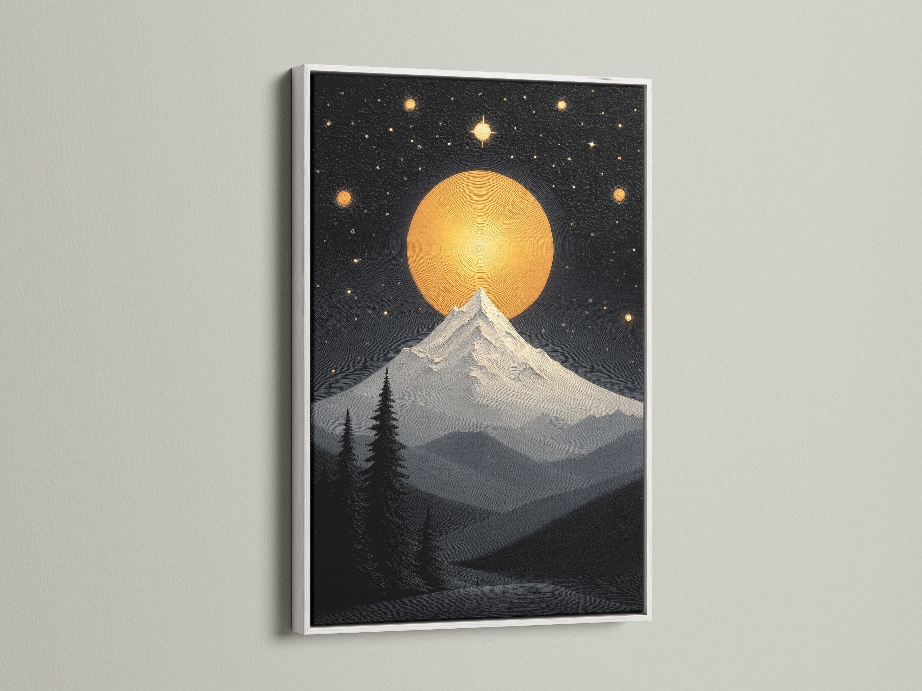 Modern mountain moon canvas print in a white frame. This celestial print adds a touch of nature to your bedroom wall decor. See how the white frame complements the cosmic landscape. Perfect for Scandinavian and contemporary interior styles