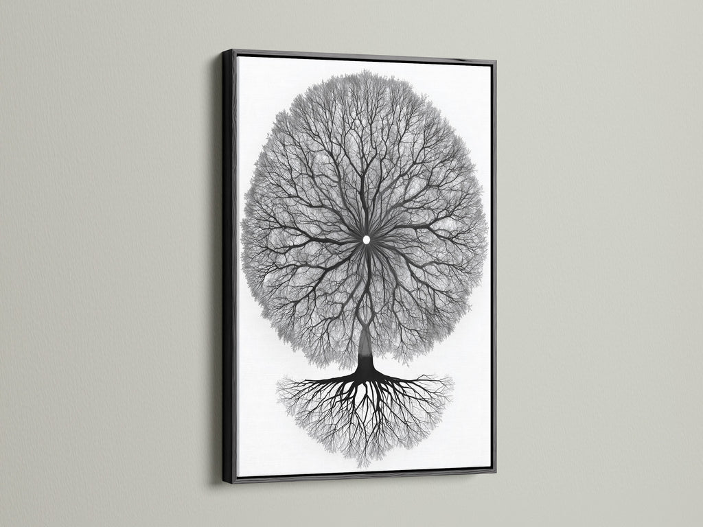 Tree of Life artwork with a black frame. This tree canvas print is a striking addition to any space. The minimalist tree art adds elegance. Suited for spas and wellness centers this spiritual decor promotes relaxation.