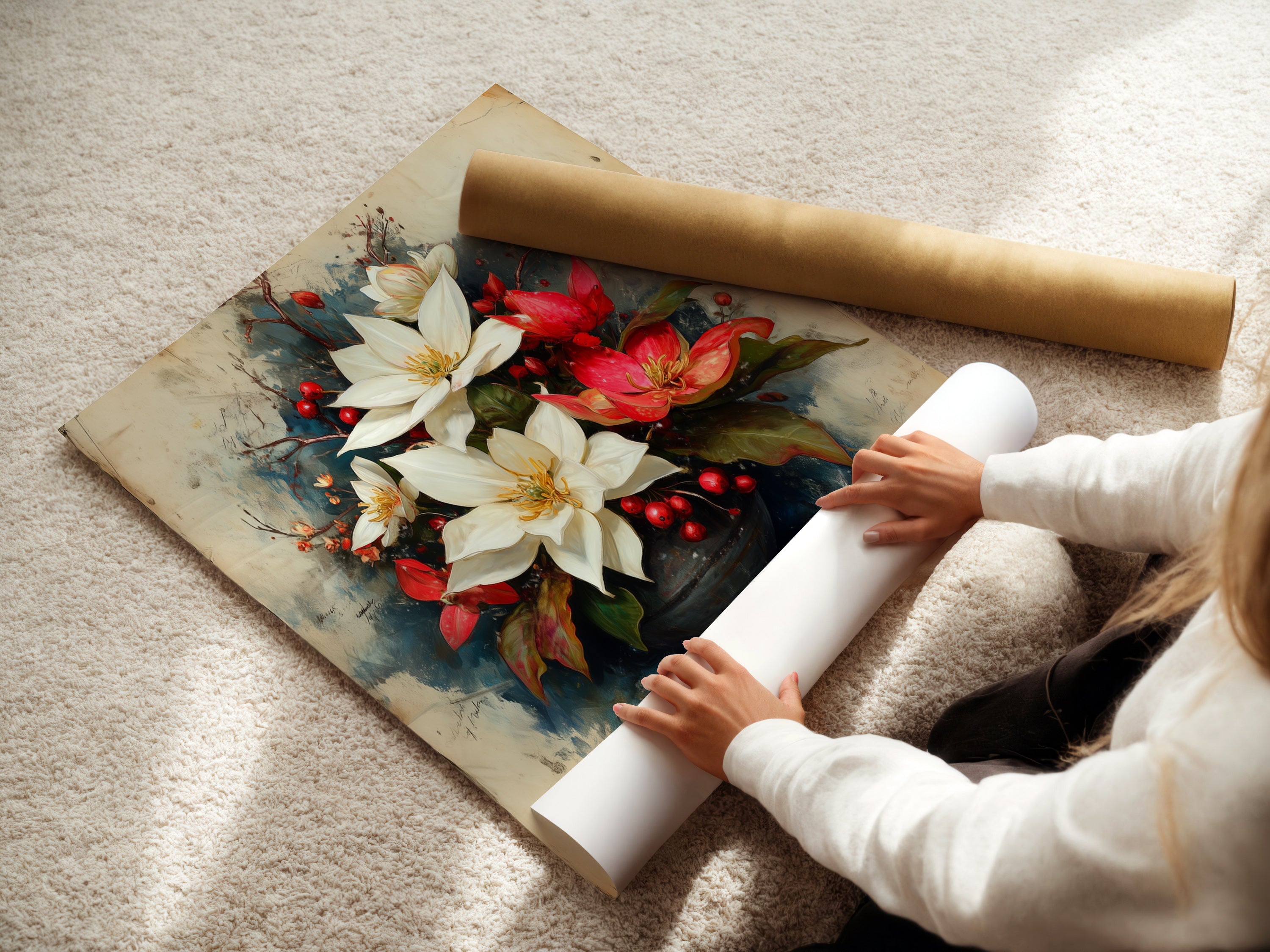A woman is carefully rolling a fine art poster paper featuring poinsettia artwork. The red and white flower art is perfect for holiday decor. This vintage print adds elegance to any room. A beautiful botanical print. Ideal as a Christmas gift.