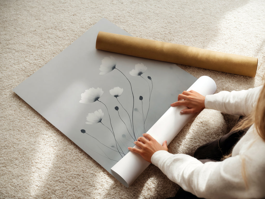 A woman carefully rolls fine art poster paper. This showcases the care in handling minimalist flower artwork. The soft gray and white botanical print is ready for framing. The poster paper ensures high-quality modern art for your space. Perfect for delicate flower artwork.