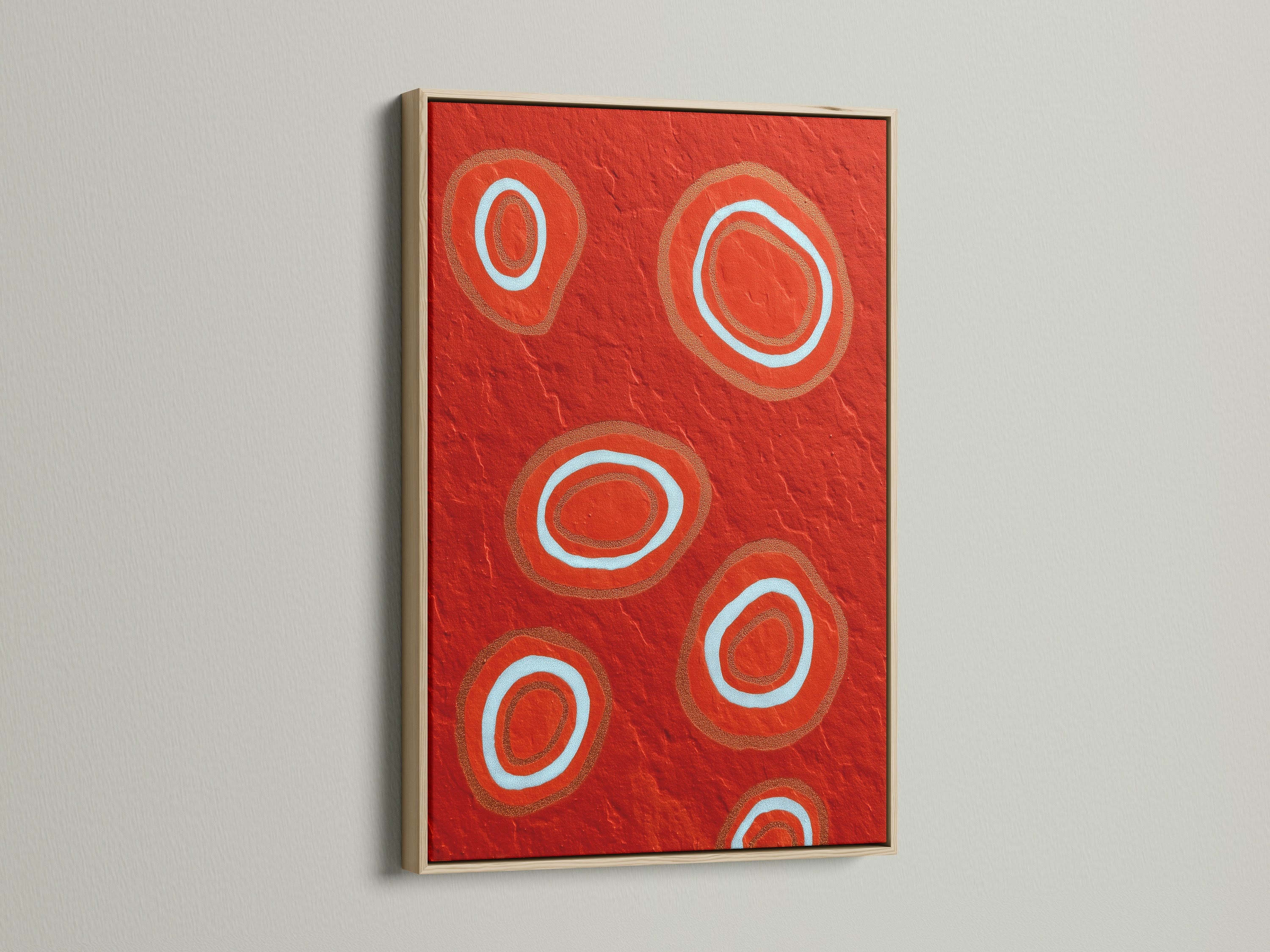 This oak frame beautifully showcases the abstract red art. Notice the geometric canvas and its bold circle design. It is a modern wall art piece that enhances dining room decor. The oak frame adds warmth and sophistication. Ideal for contemporary art lovers seeking a stylish touch.