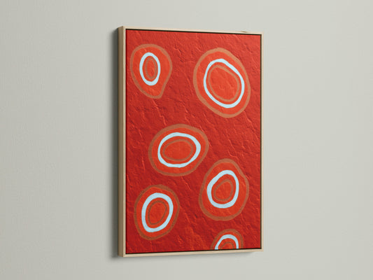 This oak frame beautifully showcases the abstract red art. Notice the geometric canvas and its bold circle design. It is a modern wall art piece that enhances dining room decor. The oak frame adds warmth and sophistication. Ideal for contemporary art lovers seeking a stylish touch.