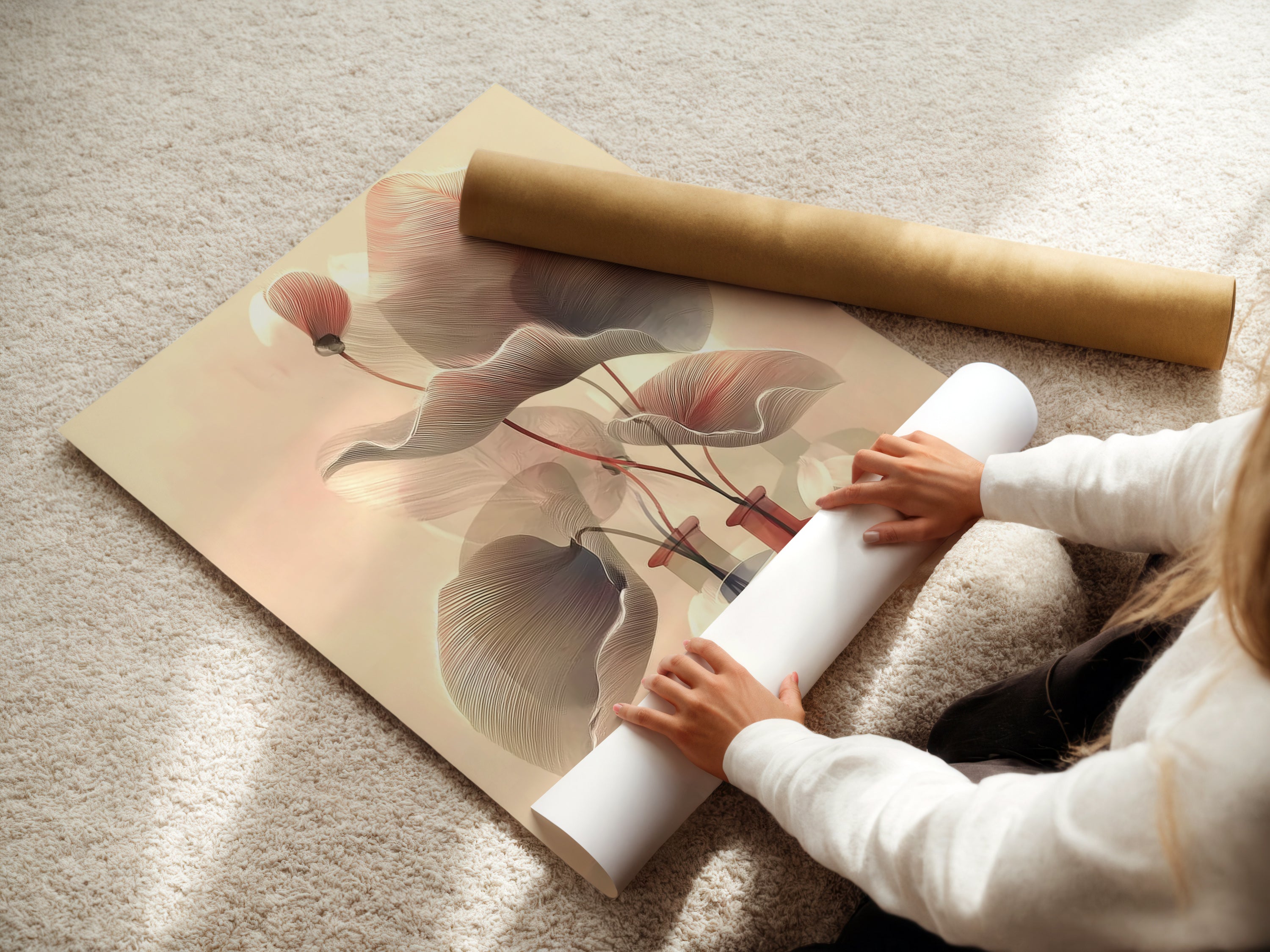 A woman is rolling a fine art poster paper. High-quality material for botanical line art prints. Perfect for creating custom flower artwork and abstract art. Ideal for those who appreciate neutral tones and minimalist art. Achieve the perfect scandi decor look.