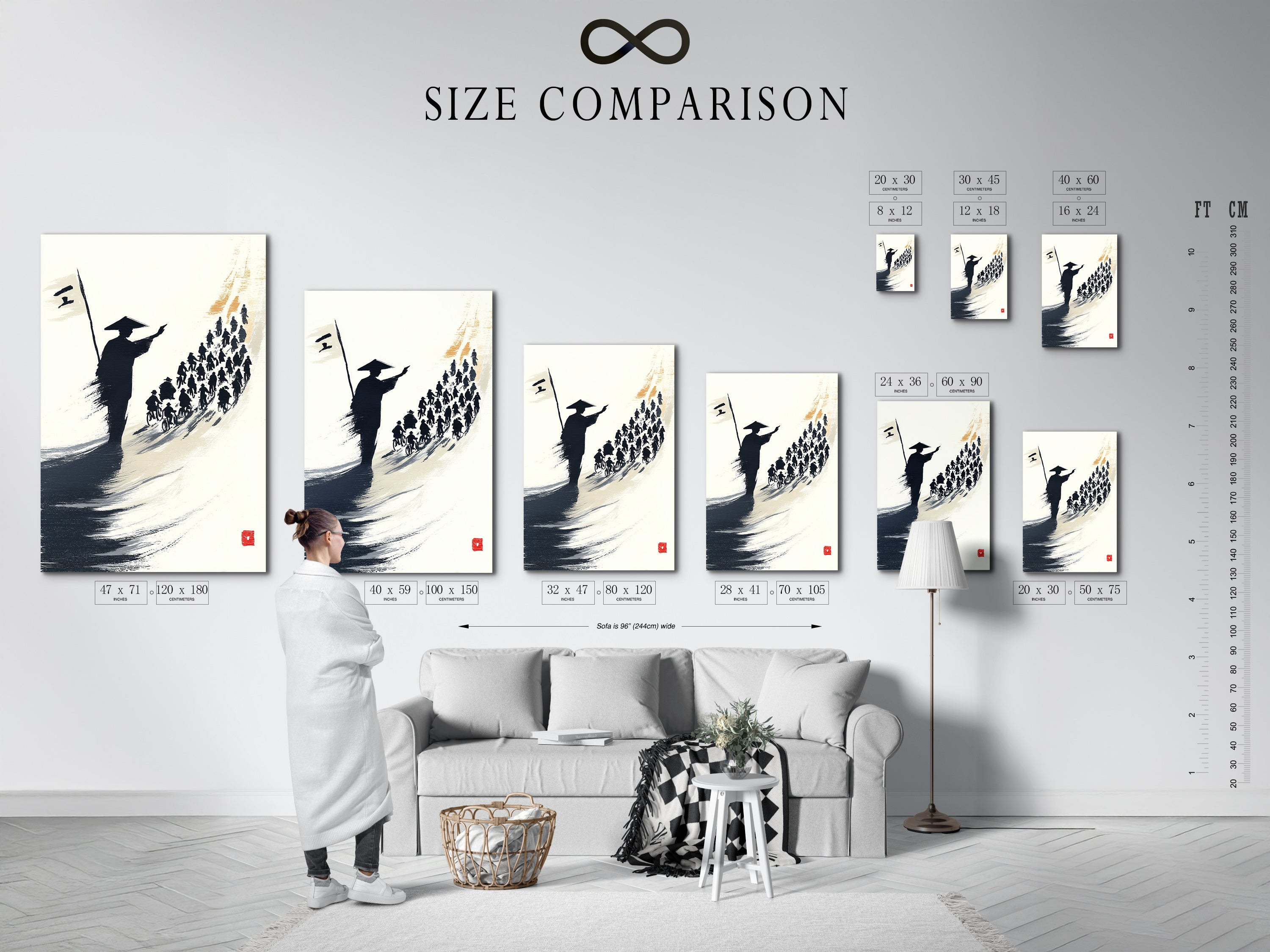 A size comparison chart is shown in an interior. The chart displays samurai artwork print dimensions. Choose the perfect size for your space. Options include canvas and poster prints. Ideal for living rooms and offices.