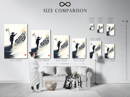 A size comparison chart is shown in an interior. The chart displays samurai artwork print dimensions. Choose the perfect size for your space. Options include canvas and poster prints. Ideal for living rooms and offices.
