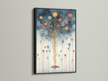 Black frame highlighting the abstract balloon canvas. Modern wall art with a playful twist. This colorful print is perfect for nurseries and playrooms. Add a contemporary touch to your kids room decor. Elevate your space with this fun artwork.